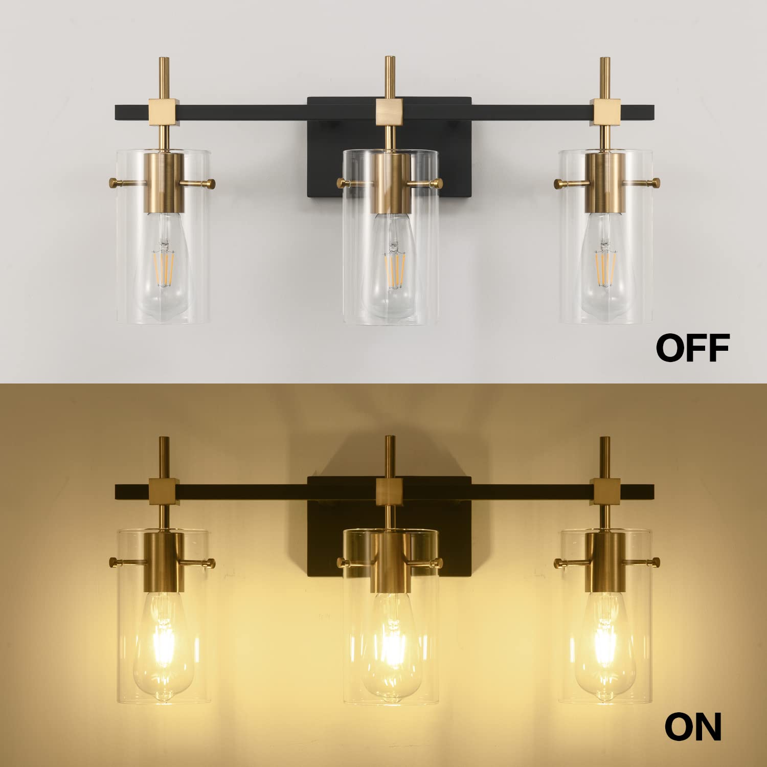 SOLFART Vintage Vanity Light Fixture - 3-Light Black & Bronze Glass Shade for Bathroom - Model 7200-3