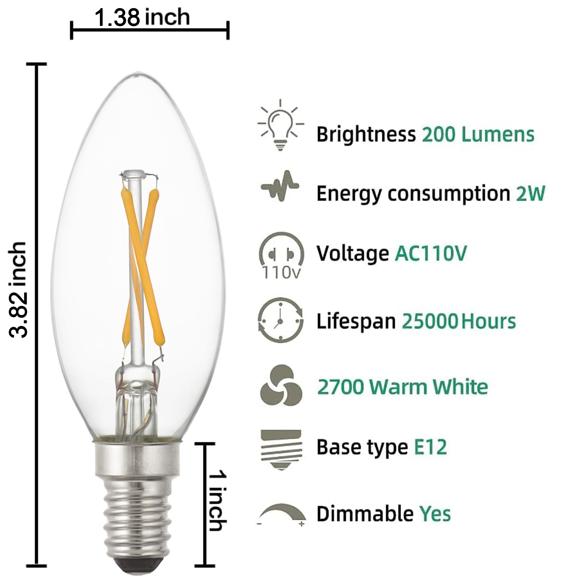 Modvera Lighting - 25W Equal Led Candelabra Bulb Blunt Tip 2 Watts Warm White 2700K E12 Base Filament Style Chandelier Bulb. Ul