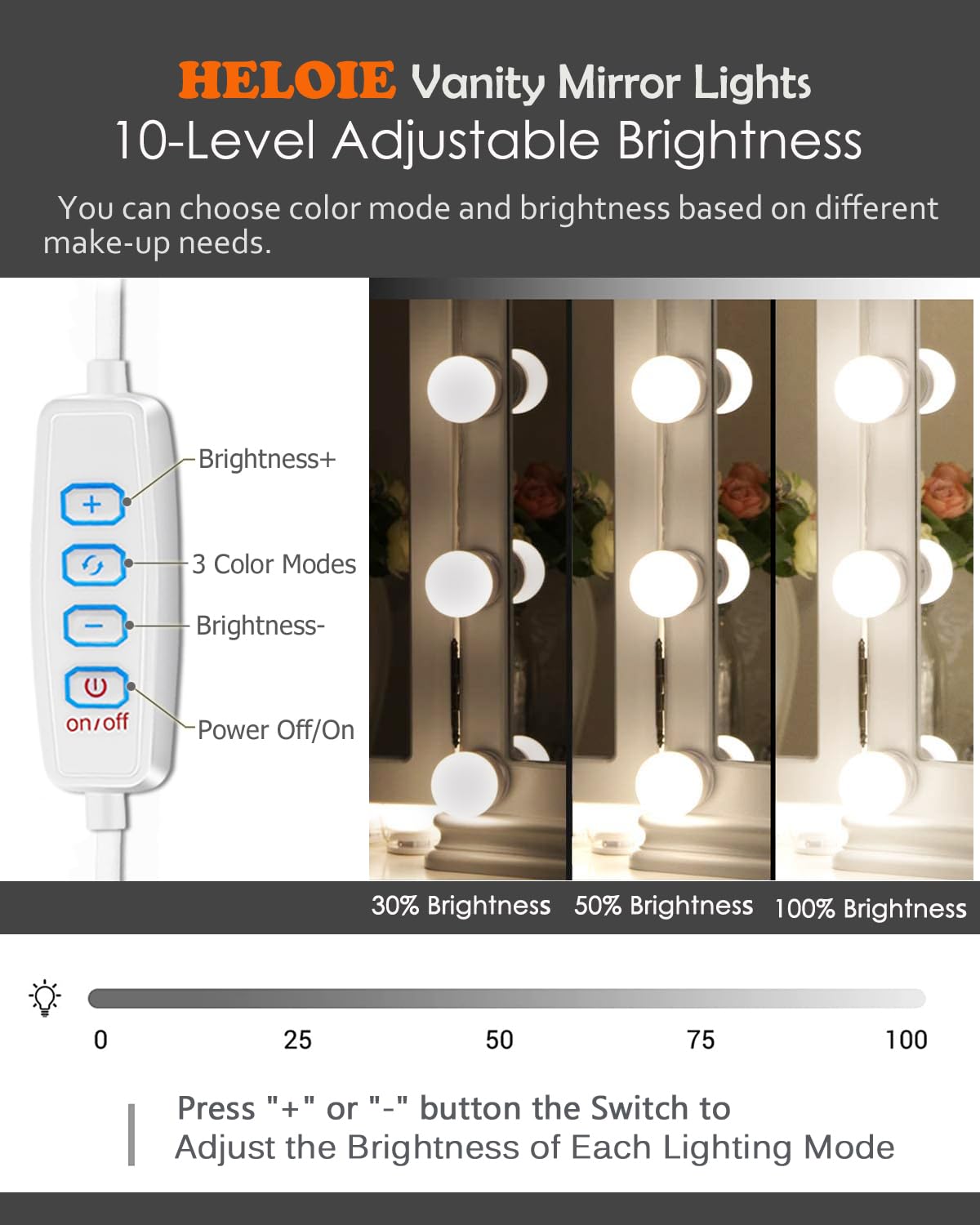 Heloie Led Vanity Mirror Lights,15 Ft Vanity Lights For Makeup Dressing Mirror Lighting,10 Dimmable Bulbs,Adjustable Light Color