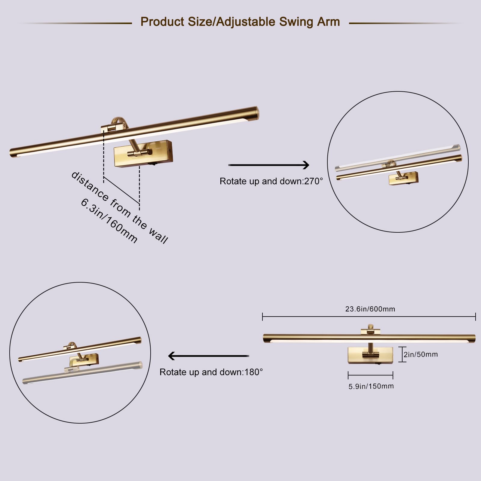 yumcrelect 5W LED Wireless Picture Light - 23.6 Inch Brass Battery Operated Art Light with Remote & Timer, Model 6310