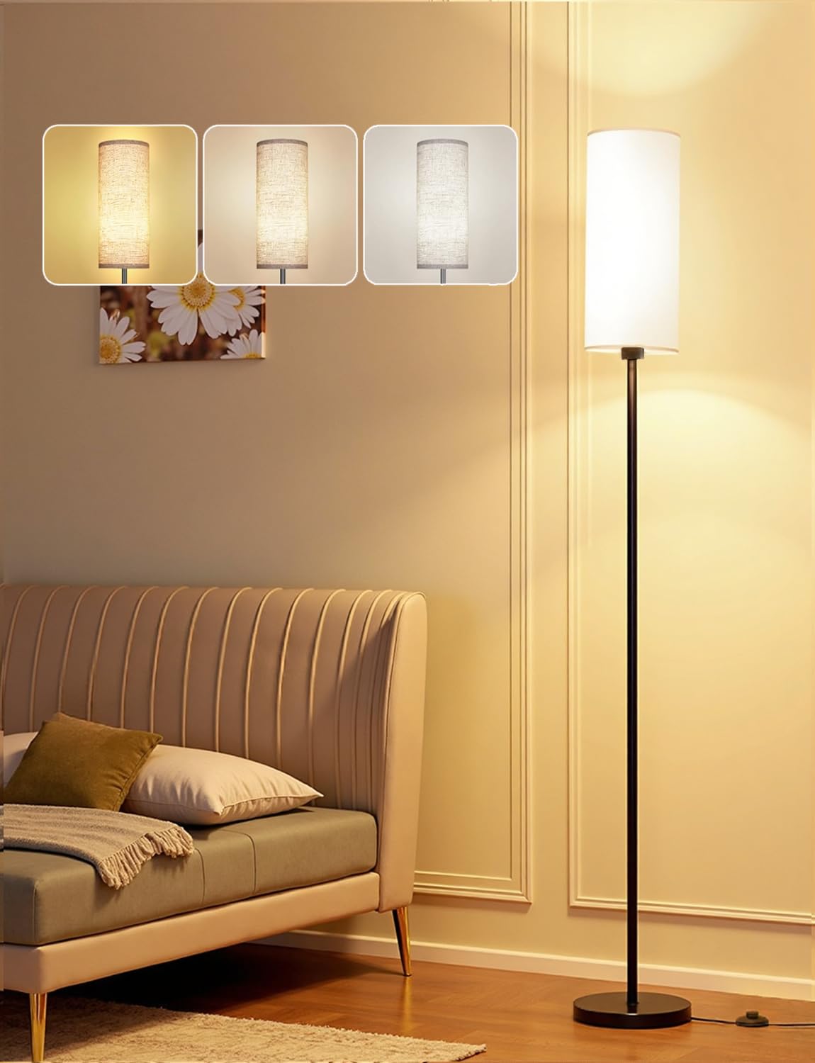 YHW LED Floor Lamp, 3 Color Temperatures, 12W, Beige Lampshade, 68.89’’ Tall, Small, Industrial Design for Living Room/Office