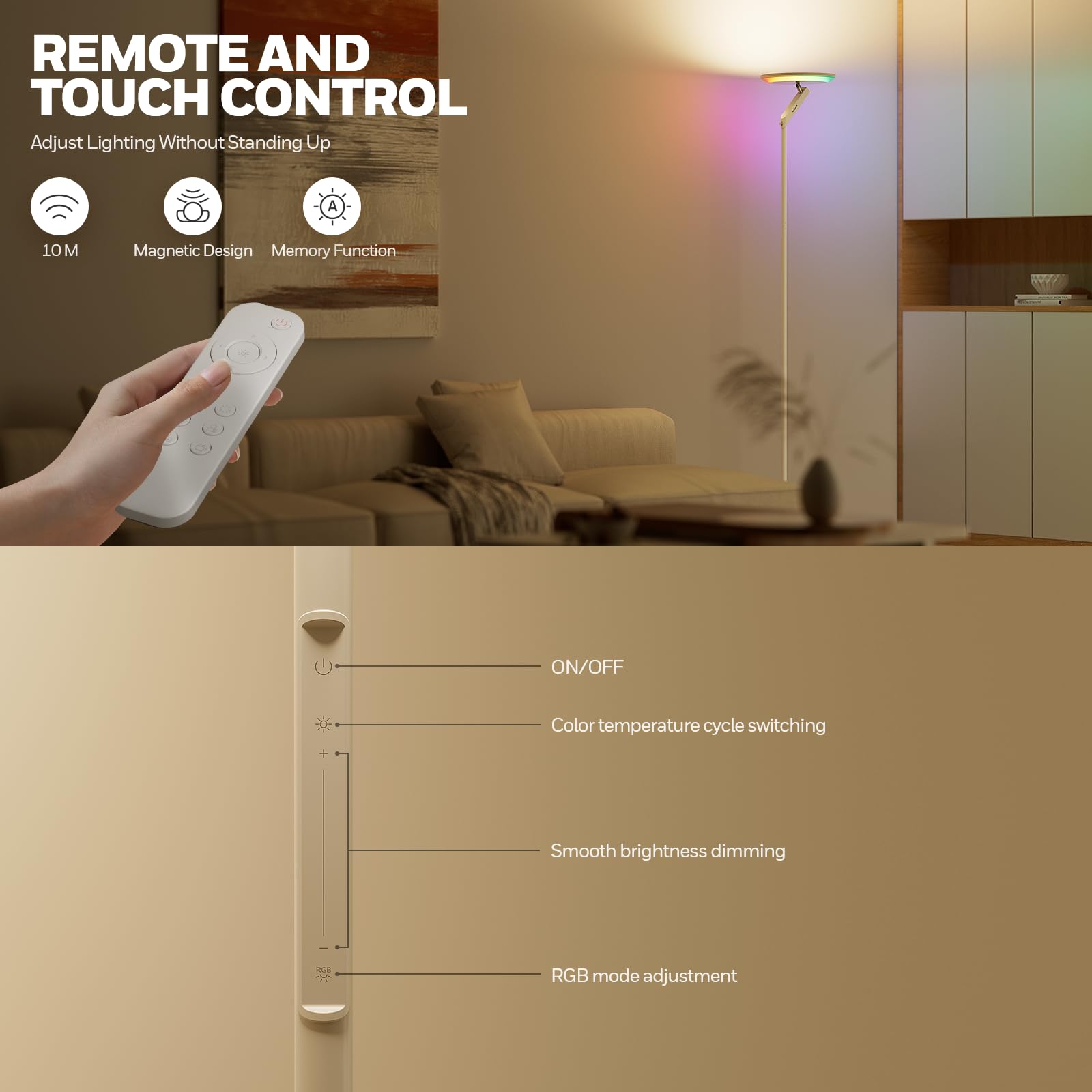 Honeywell 3000LM LED Floor Lamp, Remote Control, 40W Eye-Caring Light, 6 RGB Modes, Model HWL-F2WT, White