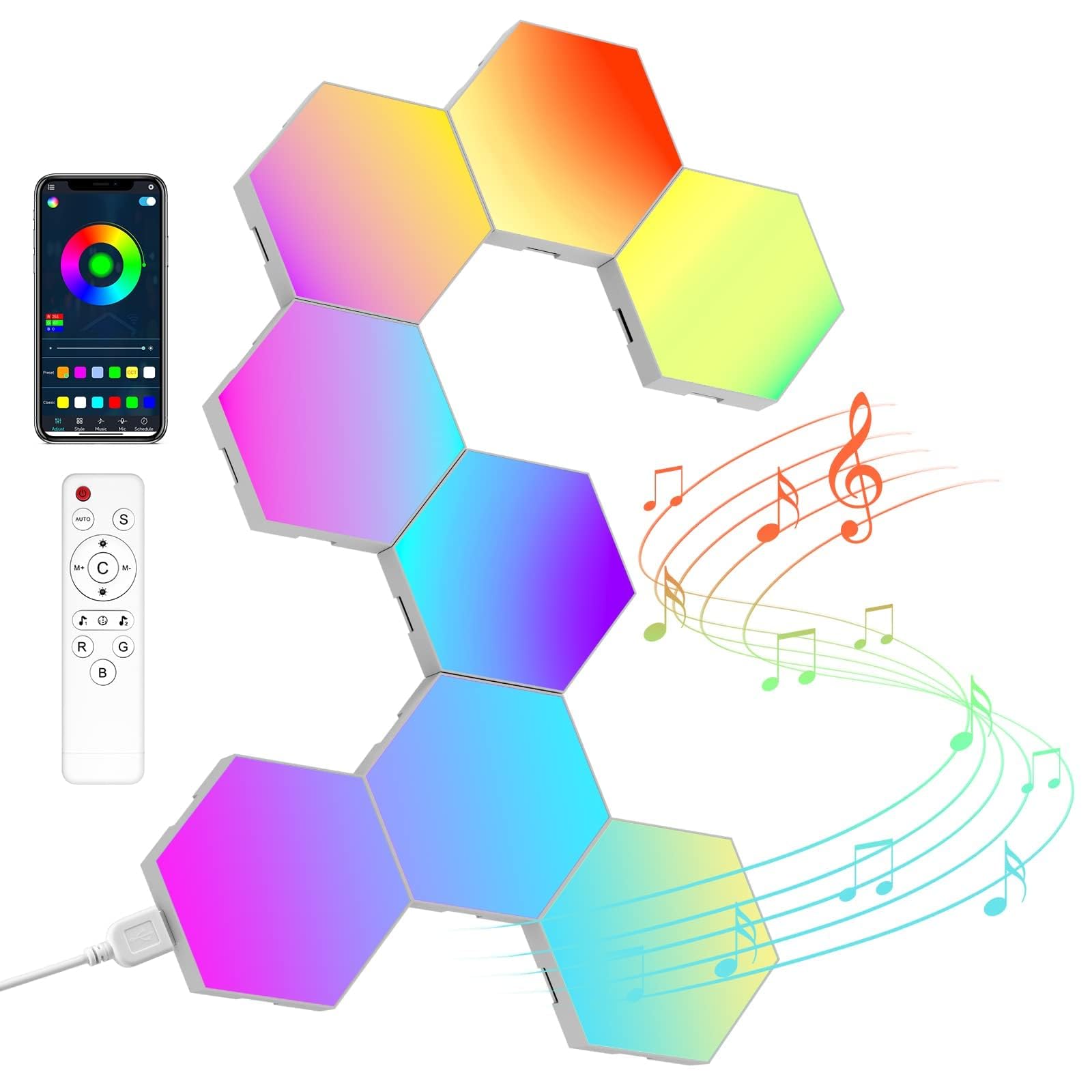 NIUCOO Hexagon LED Lights Wall Panels, Smart RGB Gaming Lights with APP & Music Sync, DIY Modular Hex Tiles, USB-Powered for Aut