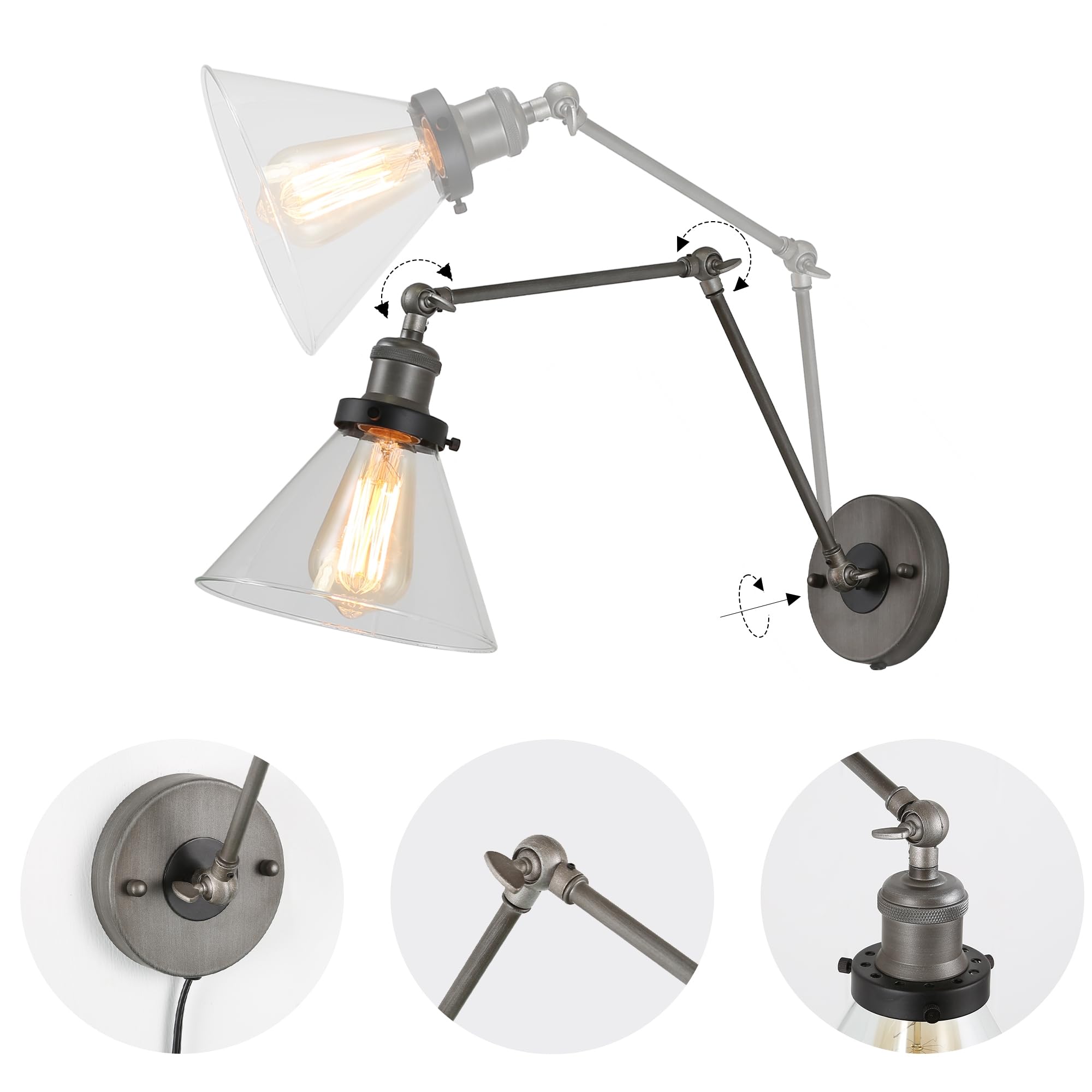 Lnc Swing Arm Wall Sconce Lighting, Glass Lamp With Plug In Cord For Bedroom, Reading