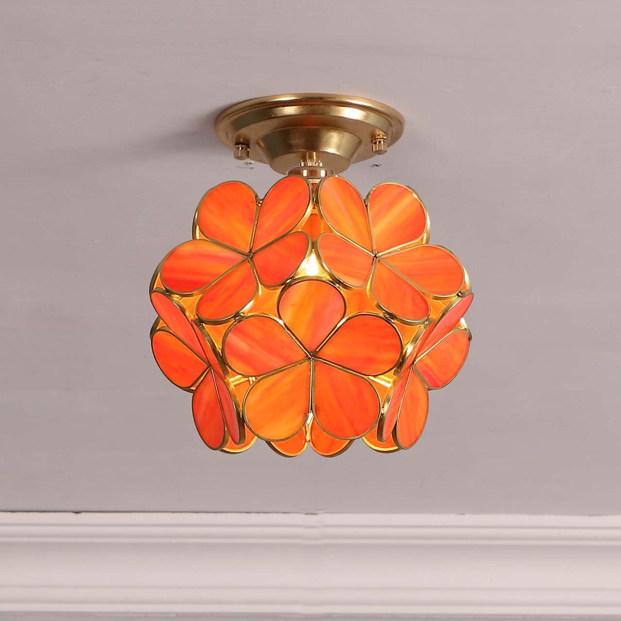 Bieye L10901 Flower Petals Tiffany Style Stained Glass Close To Ceiling Light, 8-Inch Wide (Orange)