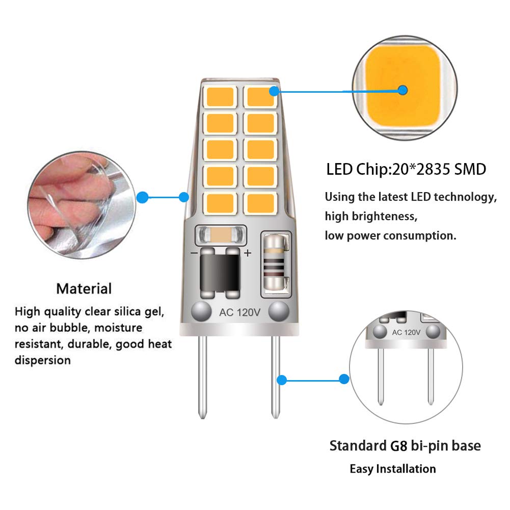 Lacnooe G8 LED Bulb 3W Dimmable Warm White 2700K-3000K 6-Pack Bi-Pin G8 Base Silica Gel