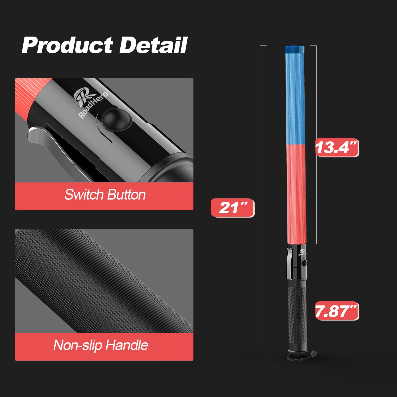 Roadhero 2 Pack 21Inch Traffic Wand, Red & Blue Led Traffic Control Baton, Safety Light Wands With 3 Flashing Modes, Air Marshaling Signal Wand With Side Clip For Airport, Parking, Car Directing