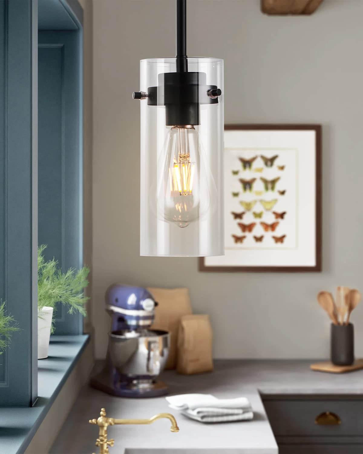 EAPUDUN Pendant Lights - Clear Glass Shade, Matte Black, 2 Pack, Farmhouse Kitchen Ceiling Fixtures