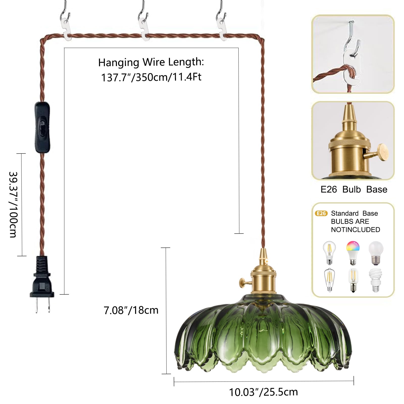 Kaudghy Plug In Hanging Light Fixture, Kitchen Pendant Lighting Glass Pendant Light, Green Pendant Lights For Kitchen Island, Be