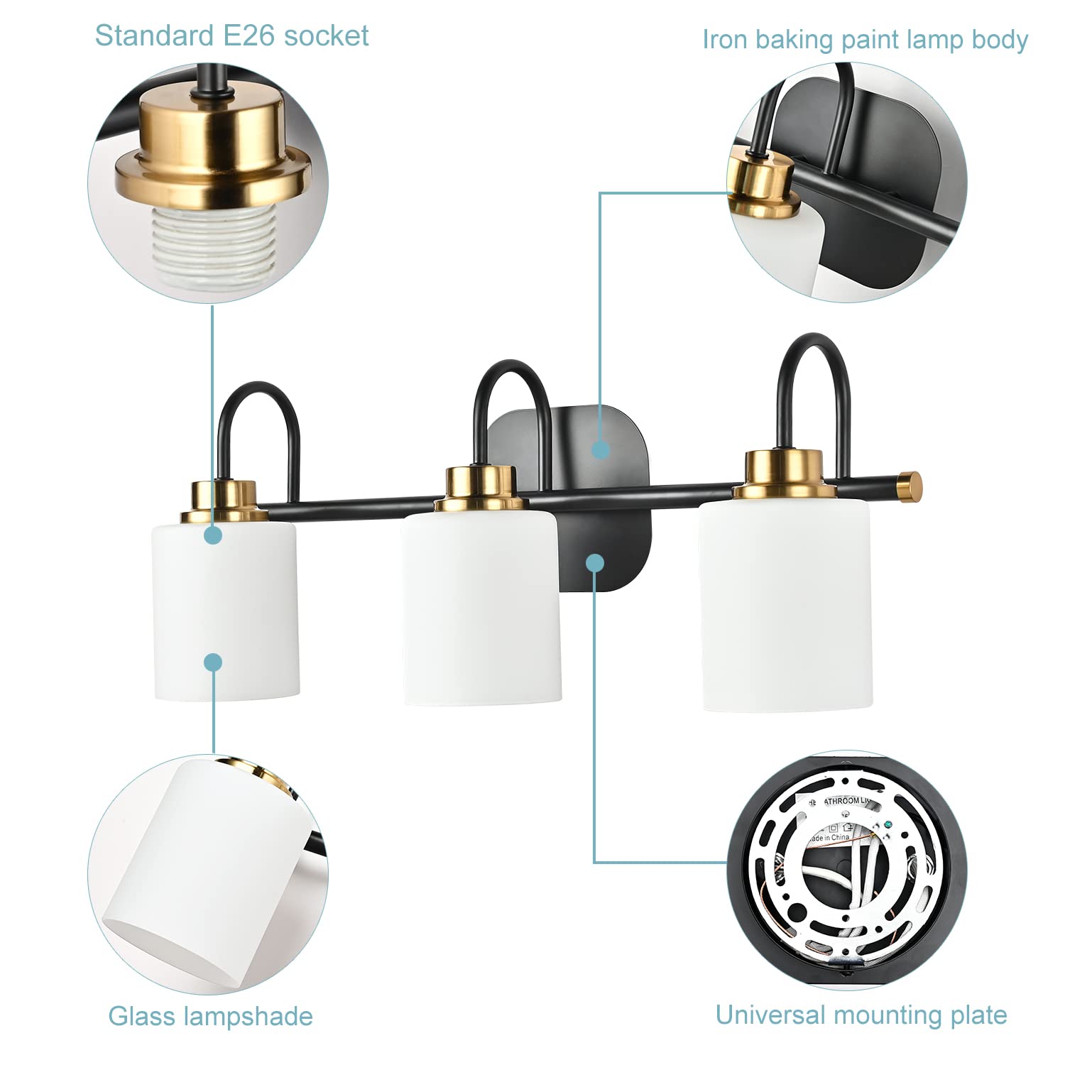 Zhuoer Mid Century Modern Matte Black And Gold 3 Lights Milky Glass Wall Light Fixture For Bathroom Modern Bathroom Vanity Light