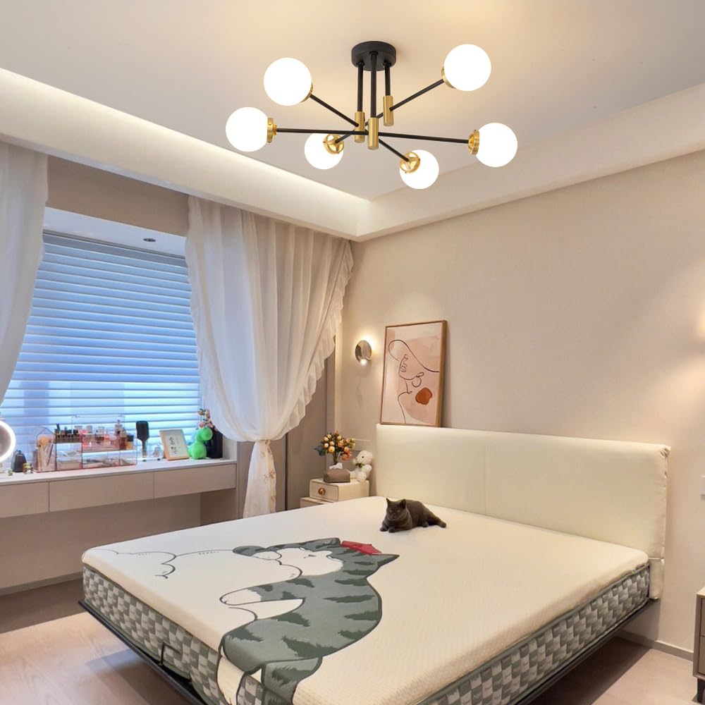 Biewalk Sputnik Ceiling Light Fixture 6 Light Sputnik Chandeliers, Black And Gold Chandelier Light Fixture With Milk White Glass Shade For Living Room Kitchen Bedroom Dining Room (E26 Bulb Excluded)