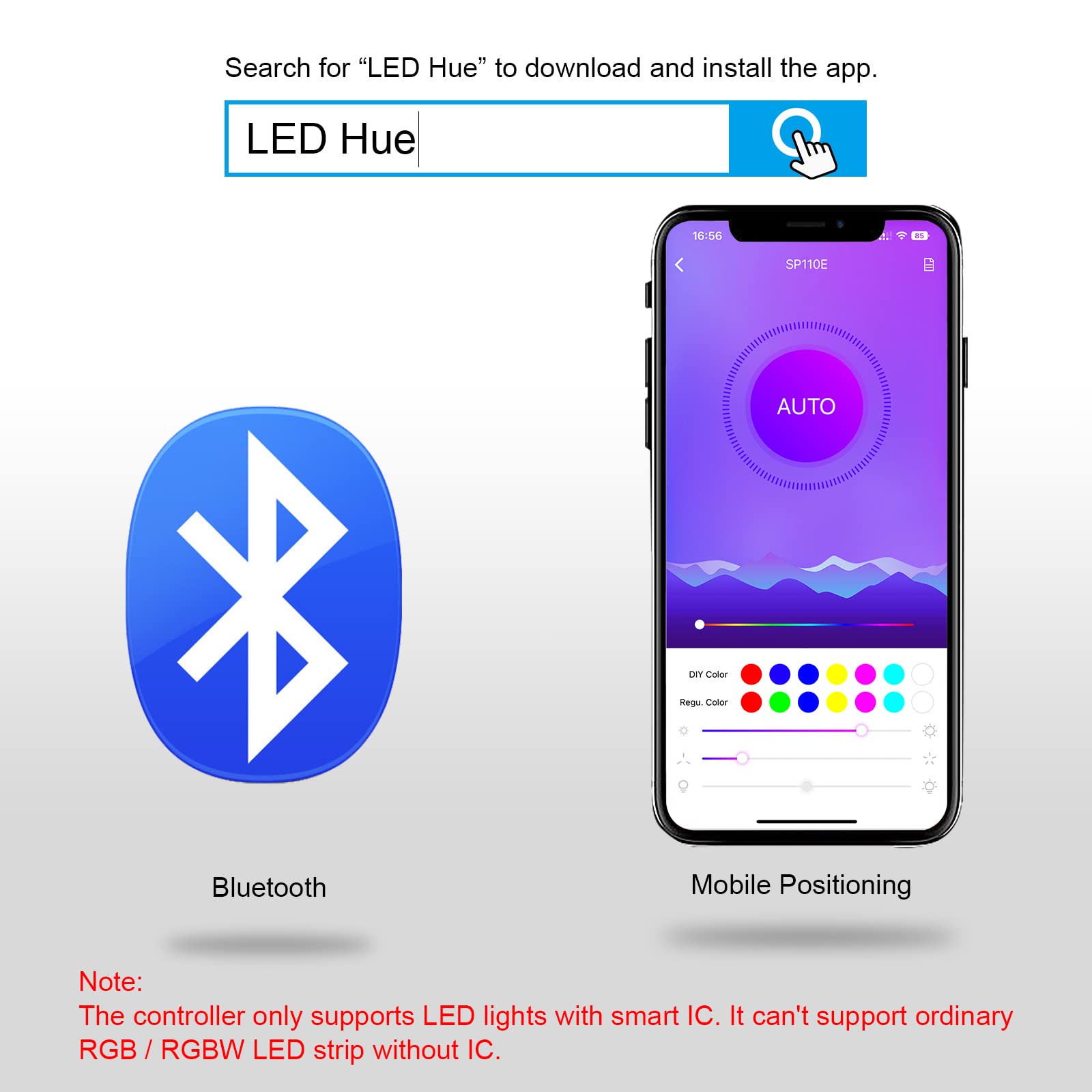 RGBZONE Bluetooth LED Controller SP110E, Smart APP Control for 5V/12V/24V RGB/RGBW Light Strips, Plastic, RGB Color