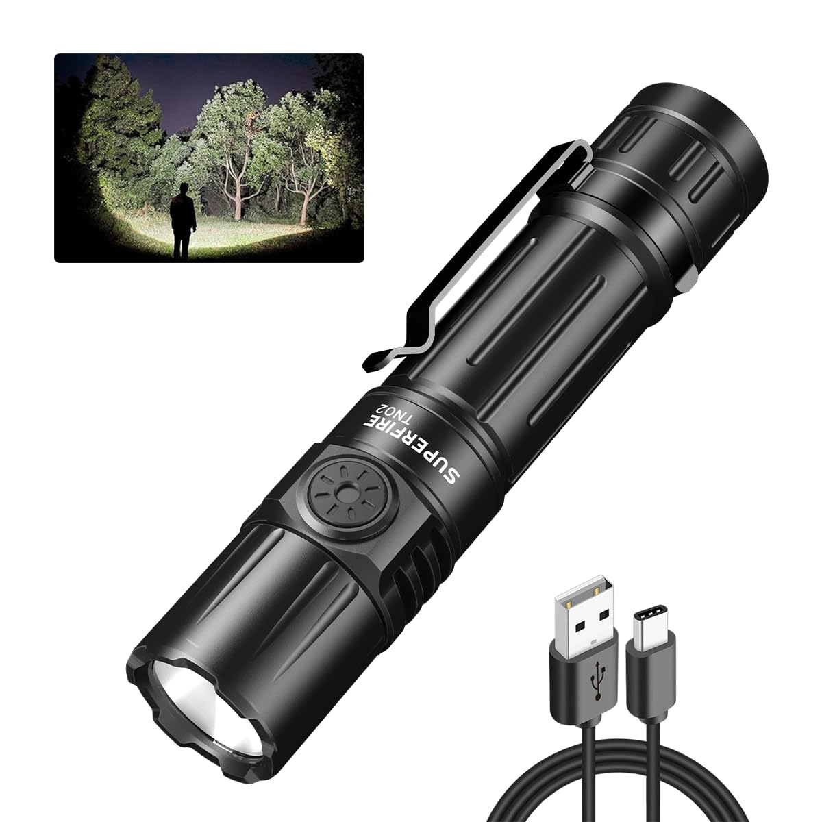 SuperFire Flashlights High Lumens Rechargeable, 1800 Lumens Super Bright Flashlight with Clip, 6 Modes, IP 44 Waterproof Powerfu