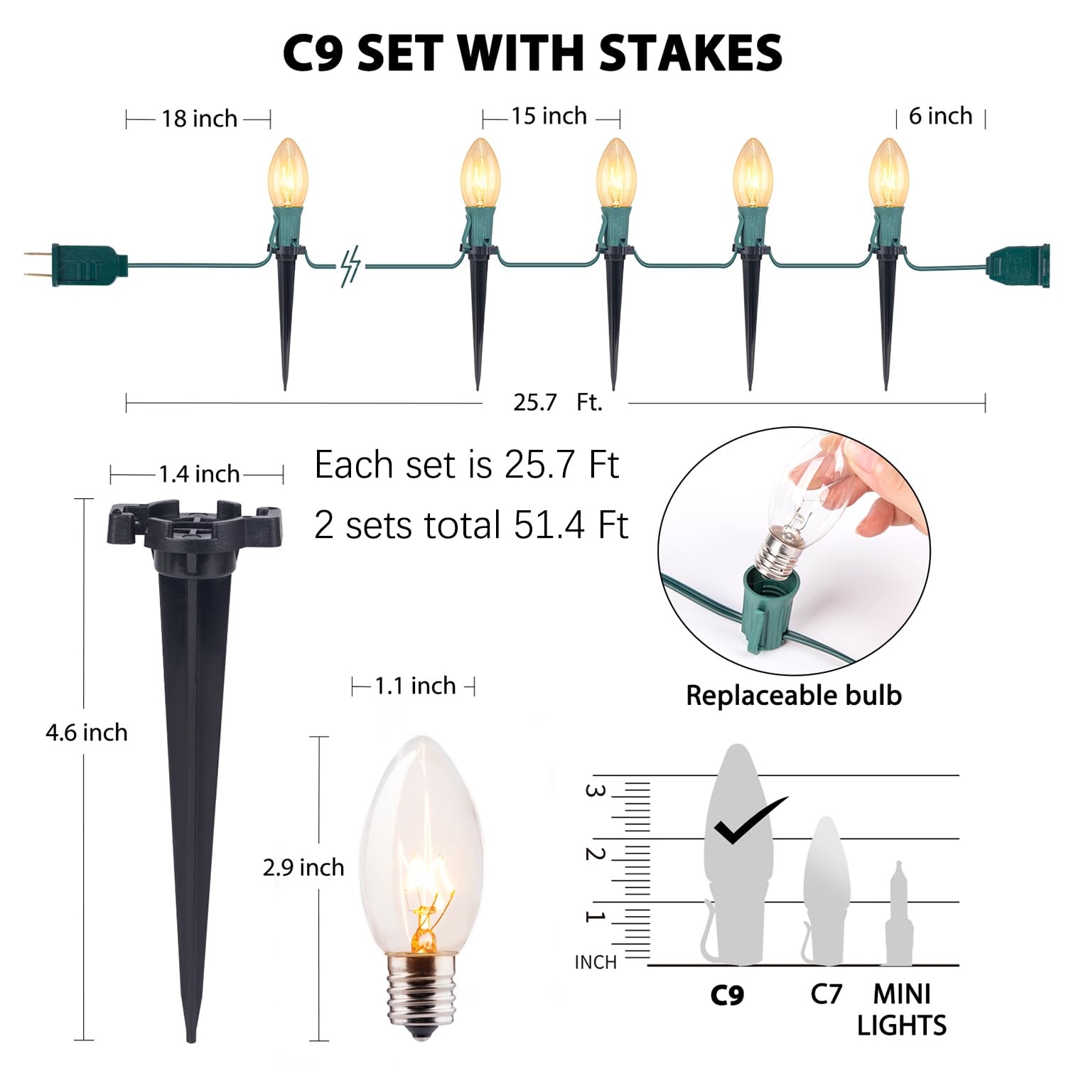 C9 Christmas Lights Outdoor, 2 Packs Total 51.4 Ft 40 Bulbs Christmas Pathway Lights, Waterproof Walkway Lights For Outside Driv