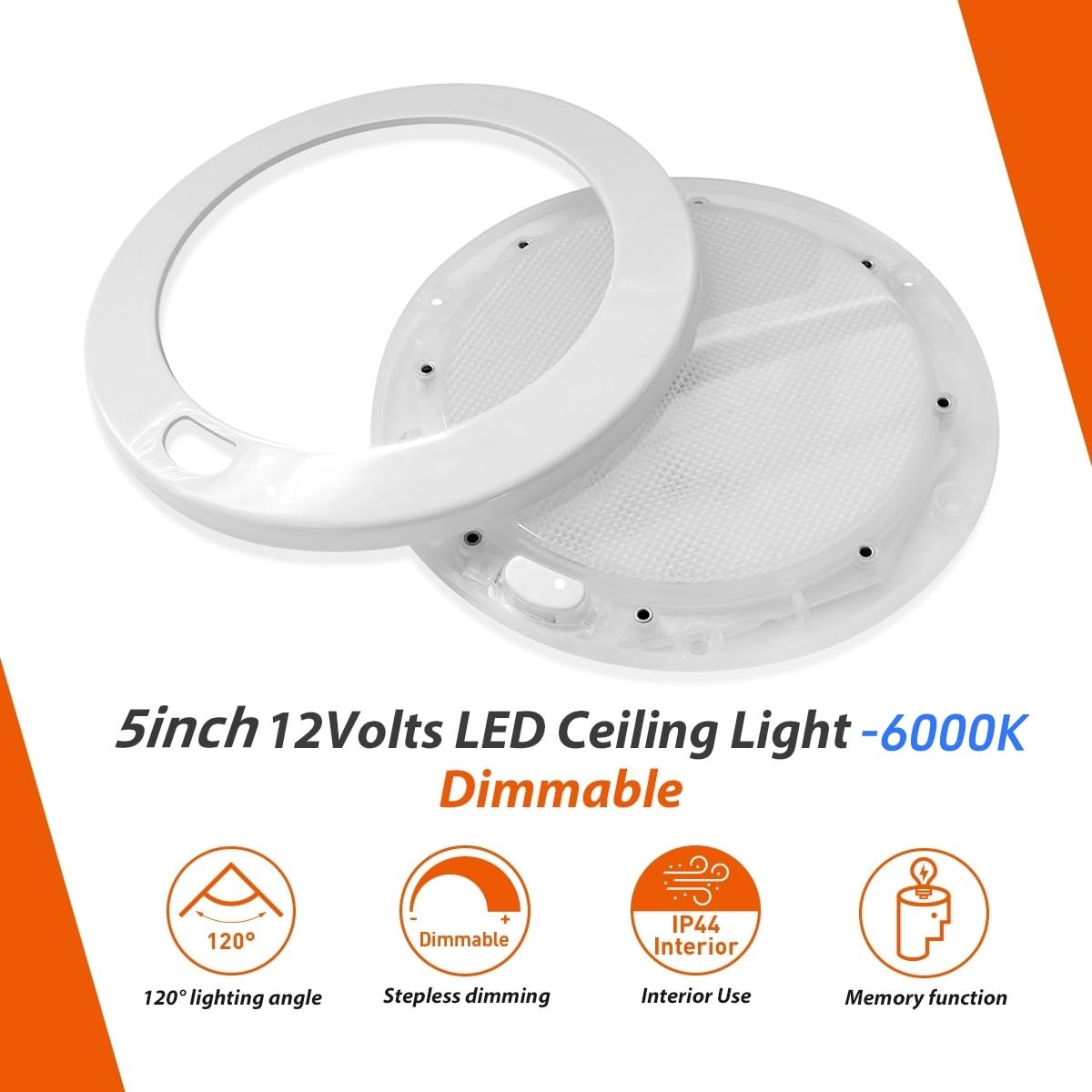 Dream Lighting RV 12V Ceiling Light Fixture with Dimmer, 5" Cool White, Milky Lens, Manmade Material