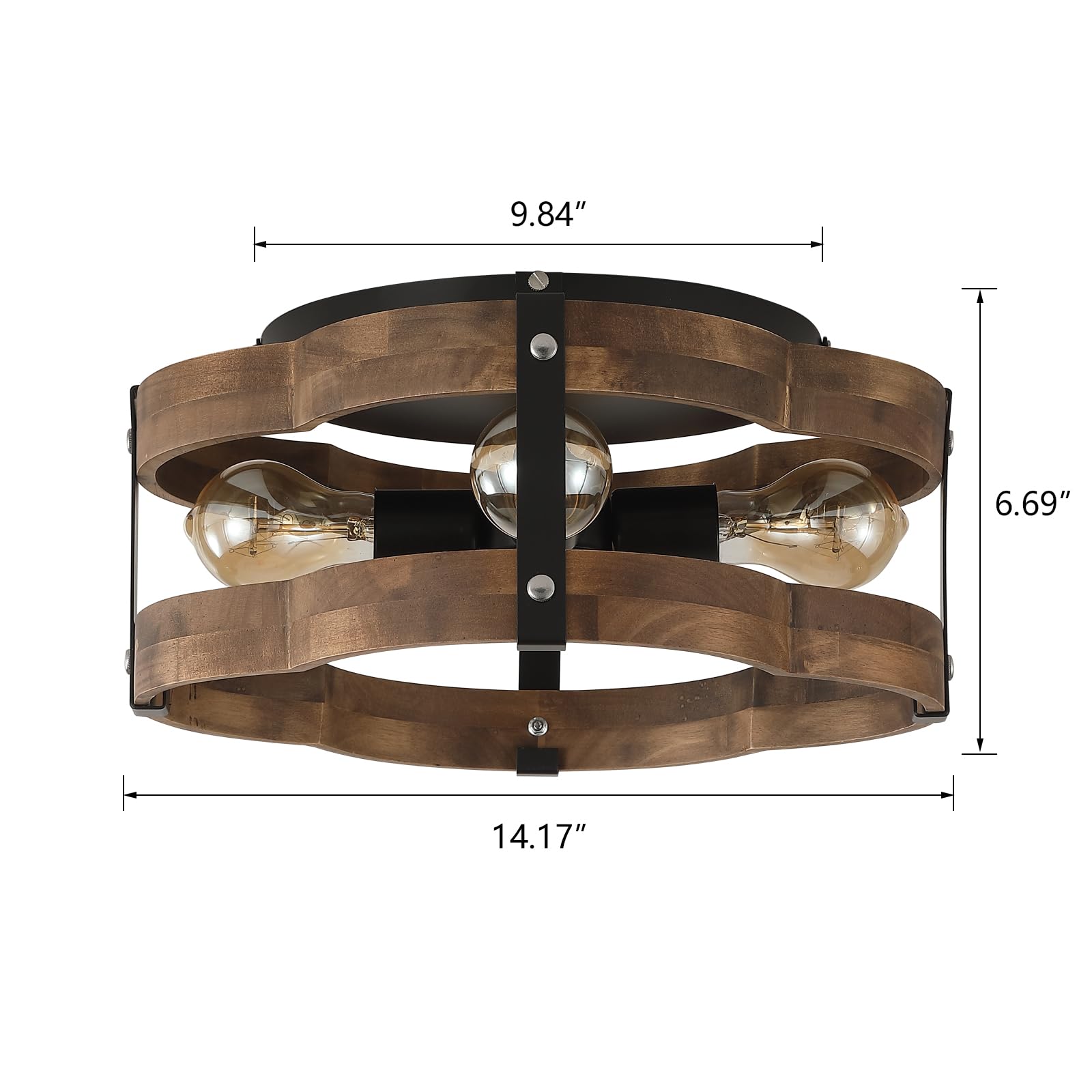 4-Light Rustic Farmhouse Wood Flush Mount Ceiling Light Fixture 14.17 Inch Oak Wood And Metal Cloud Cage Semi Flush Mount Ceilin