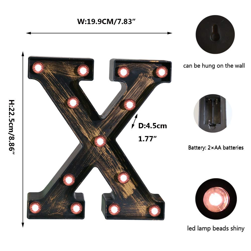 Oycbuzo Golden Black Led Marquee Letter - Industrial, Vintage Style Light Up Alphabet Letter Sign For Cafe Wedding Birthday Party Christmas Lamp Home Bar Initials Decor - X