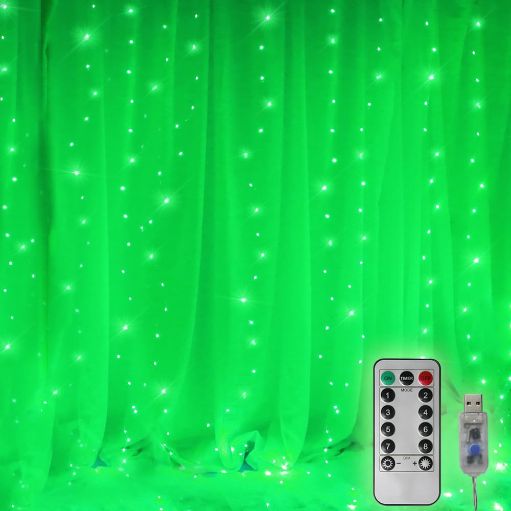 Vicila 300 LED Curtain Lights, Green Fairy Lights with Remote Control, USB Power, 8 Lighting Modes, 9.8ft x 9.8ft, Model CCL 07