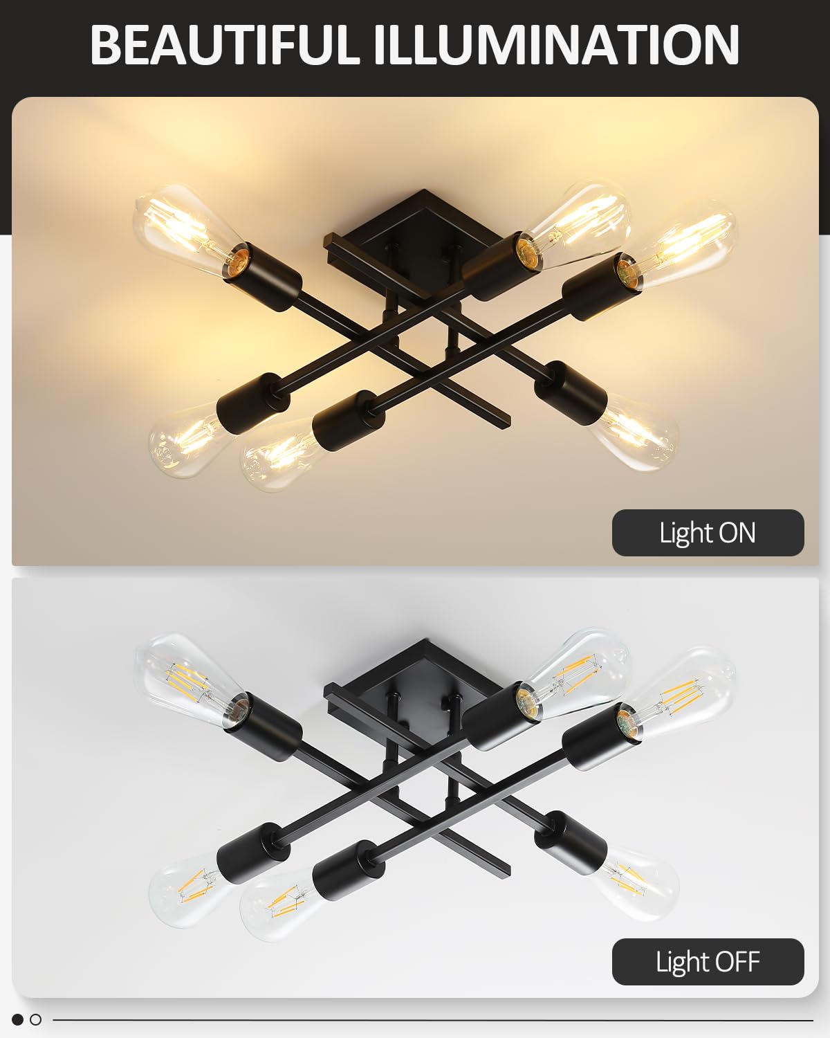 Eidonta 6-Light Semi Flush Mount Ceiling Light Fixture, Modern Black Sputnik Chandelier Lighting, Farmhouse E26 Stock Ceiling La