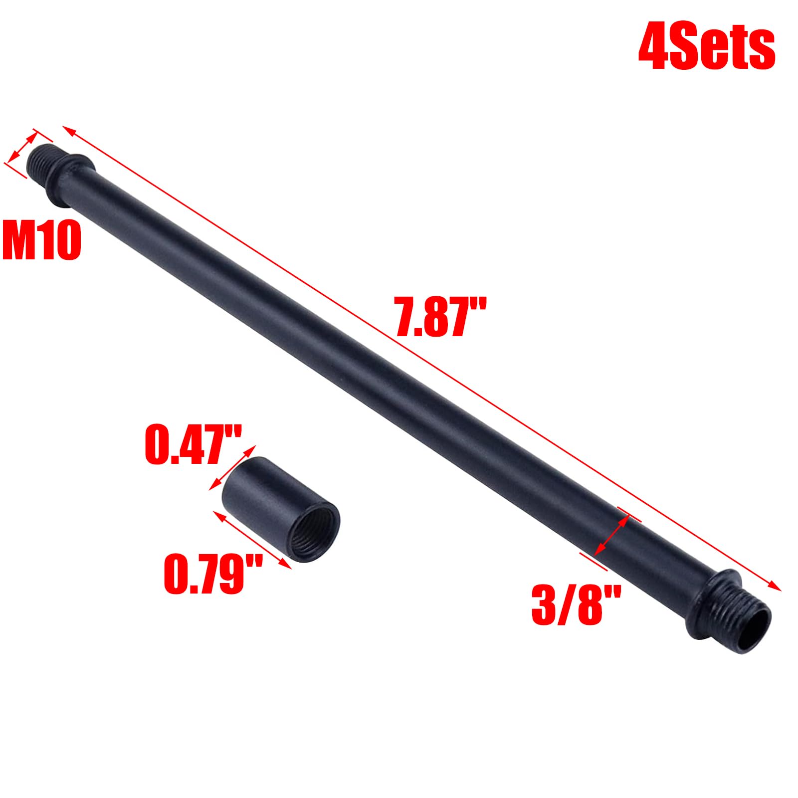 My Mironey 4 Sets Straight Pipe Lamp Stem Kit With Connector M10 Black Lamp Rod Hardware Light Fixture Parts Replacement, 7.87''
