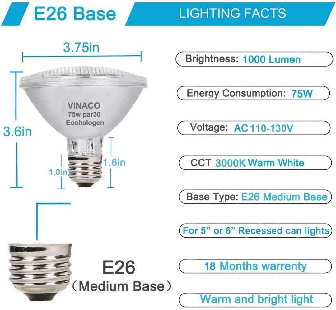 Vinaco Par30 Short Neck, 6Pcs Par30 75W 120V Light Bulbs, Dimmable. Premium Quality For Long Lasting Life, E26 Base, 3000K Warm