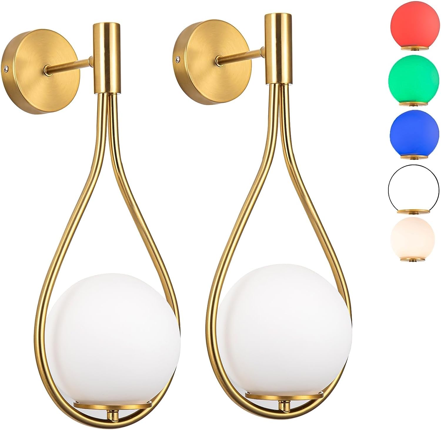 jengush Pack Wall Sconces/Wall Lights, Not Hardwired Brass Gold -White Glass Globe Wall Lamps, Wireless Light Fixture for Bedroo