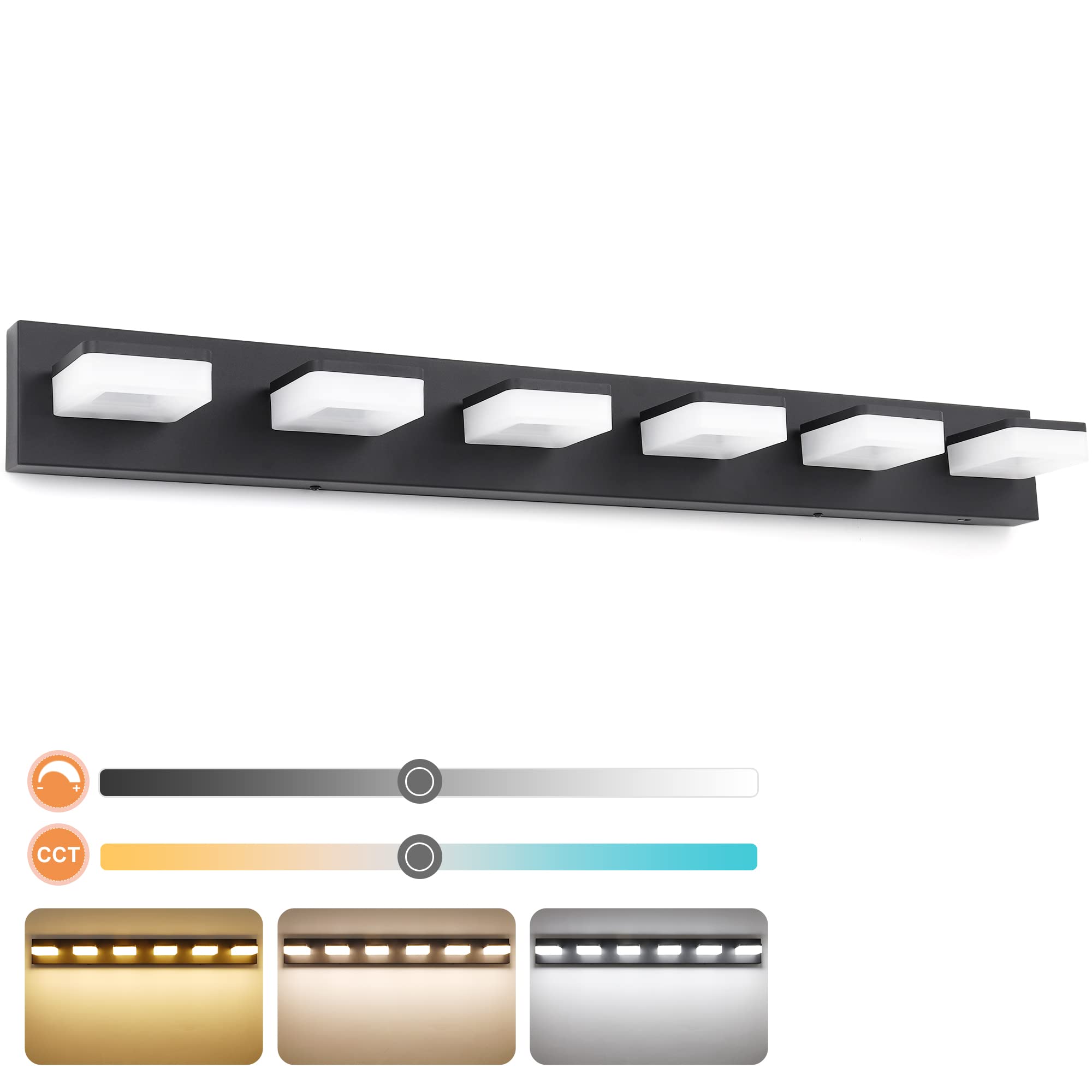 Goodate 3 Color Dimmable Led Vanity Light Fixtures - 6 Light Acrylic Stainless Steel Black Bathroom Light