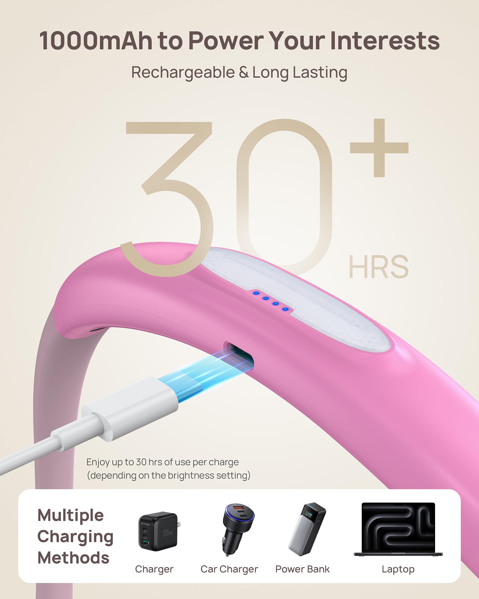 TROND LED Neck Reading Light, 3 Color Modes, 3 Brightness Levels, Rechargeable, Medium, Rose Pink, Model TD-RL01
