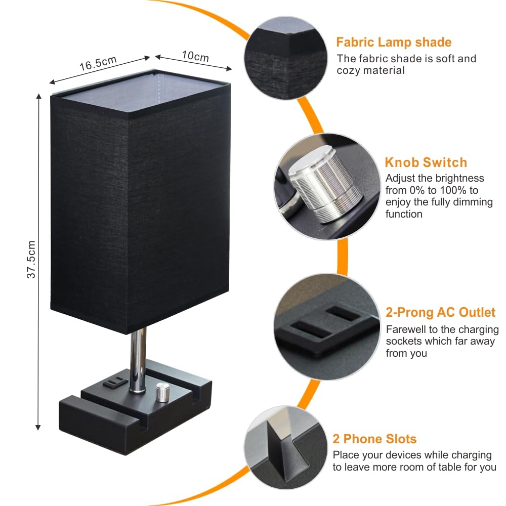 Lifeholder Fully Dimmable Nightstand Lamp For Bedroom With Ac Outlet, Table Lamp With Two Phone Stands, Bedside Lamps, Desk Lamp