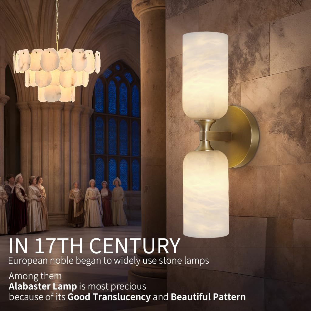 Alabaster Wall Sconce 14In Modern Spanish Natural Marble Bathroom Vanity Sconces  Antique Brass Sconces Wall Lighting  Gold Wall Light Fixtures Decor  For Bedroom Living Room Staircases Hallway