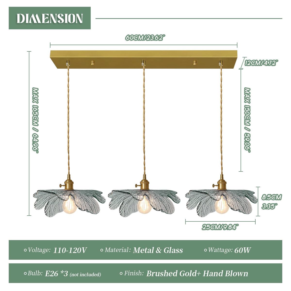 Auwieou Modern Pendant Light Hand Blown 3 Light Large Glass Chandelier Brass Pendant Light Farmhouse Vintage Hanging Lighting Wi