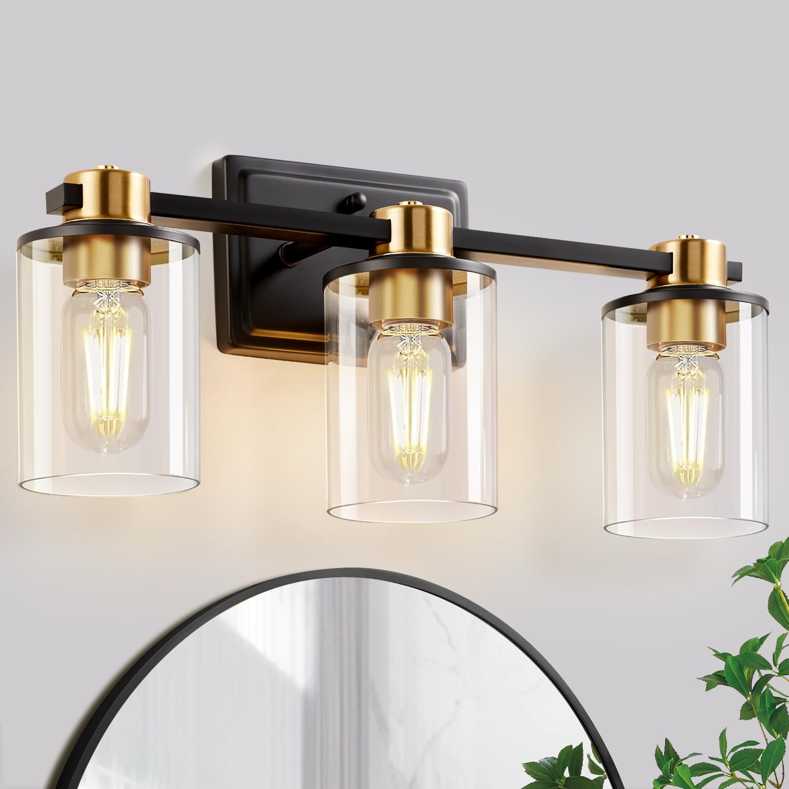 SANGFOR Bathroom Light Fixtures, Vanity Lights with 3 E26 Sockets, Brushed Gold & Black, Model 1, Glass Shades
