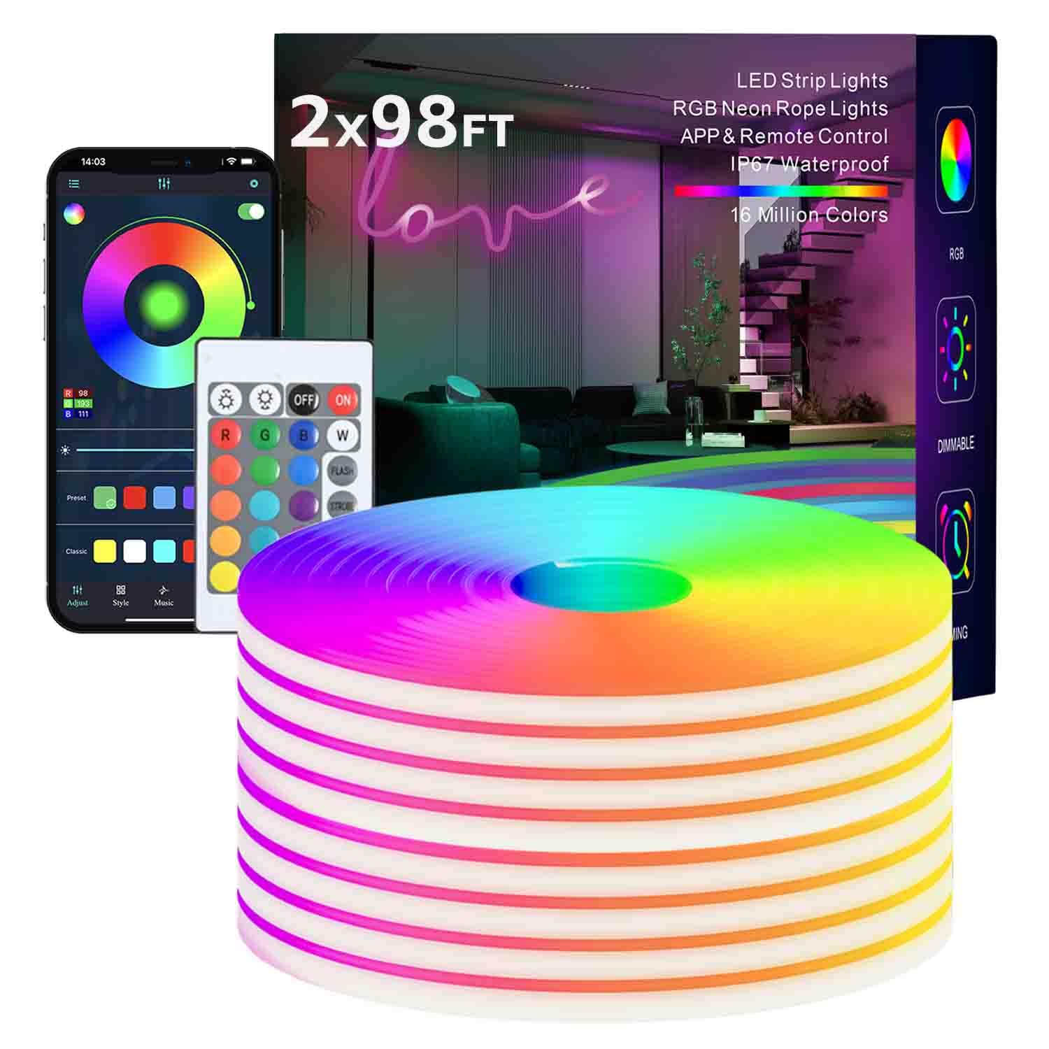 TFZBA LED Strip Lights, RGB Neon Rope Lights, 200FT (2x100ft), IP67 Waterproof, Remote Control, Music Sync, White