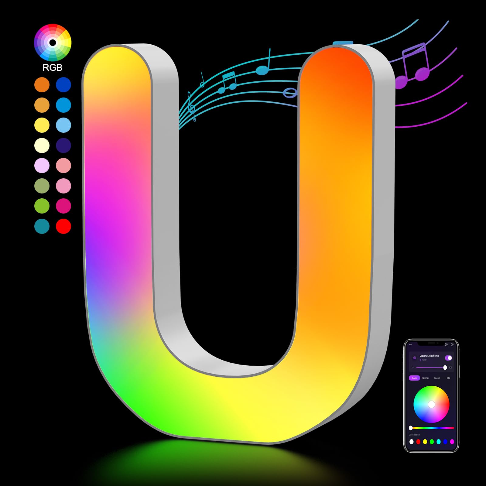 Kangtaixin LED Letter Light Sign, Color Changing, USB Powered, Model G201, Letter U, Party Decorations, Night Light Decor