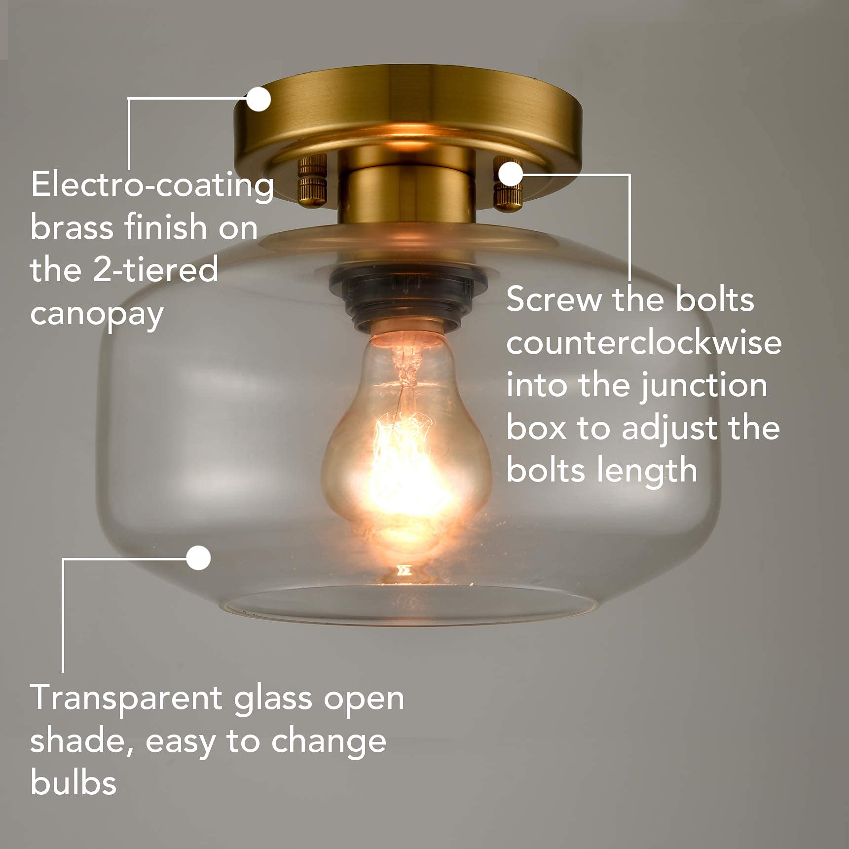 JEENKAE Modern Semi Flush Mount Ceiling Light, 1-Light, Glass, Brass, Model B7153CU-J