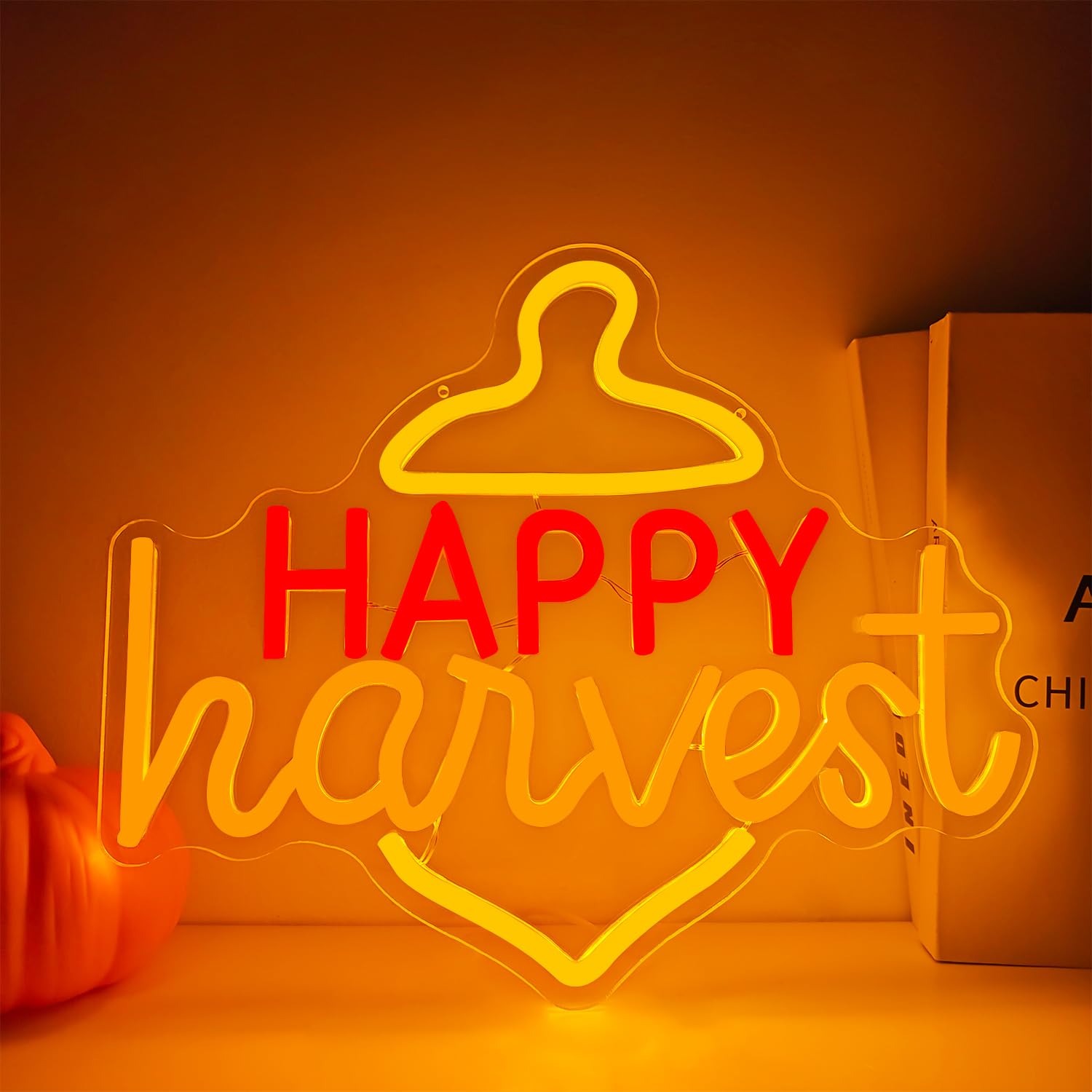 Jeanchrl Happy Harvest Neon Sign For Home Wall Dimmable Fall Light Sign For Home Decor Thanksgiving Decor Neon Wall Art For Bedroom Living Room Yellow Pinecone Led Sign For Party Gift