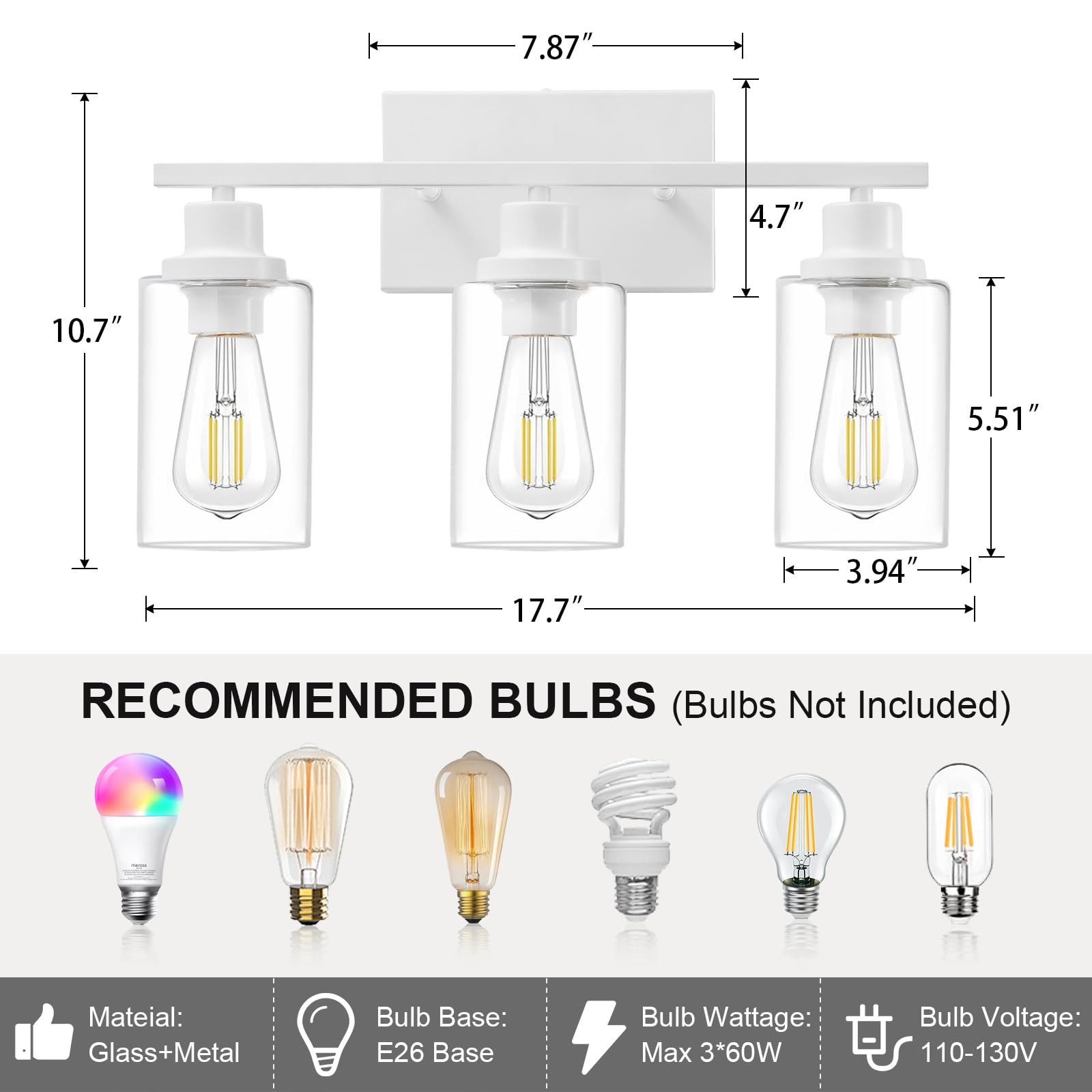 Hccz 3 Light Bathroom Vanity Light Fixture - Modern White Glass Sconces For Bathroom, Bedroom, Living Room - Model 800-100-1078