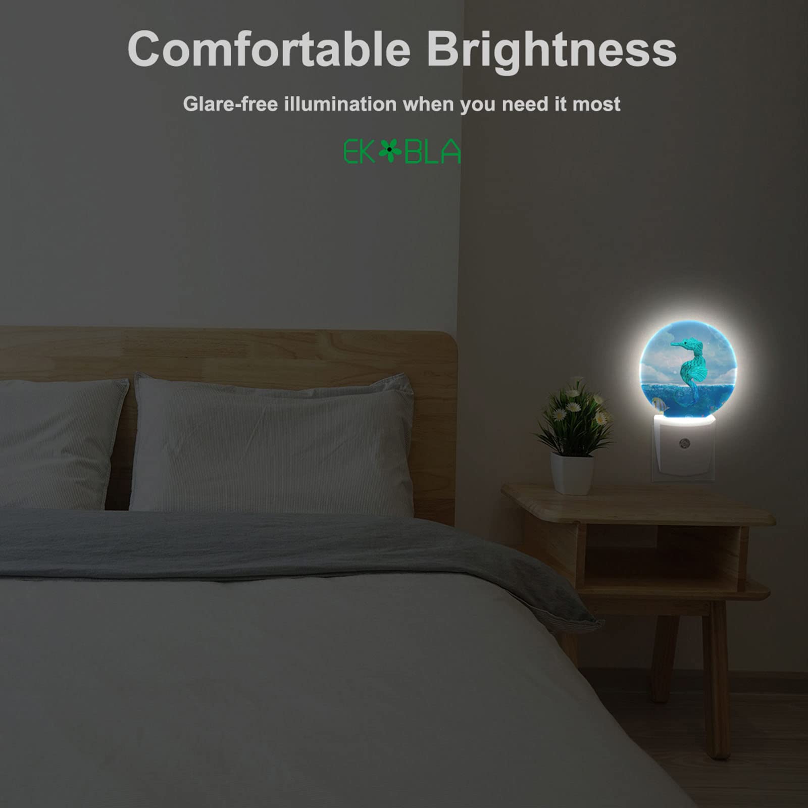 Ekobla Seahorse Led Night Light Watercolor Ocean Animal Marine Wildlife Fish Seahorses Blue Dusk To Dawn Night Lamp Auto Sensor
