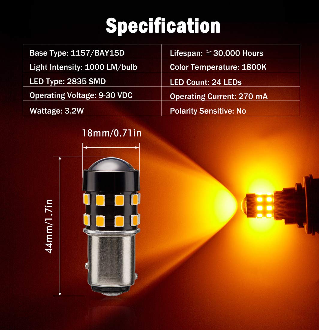 Brishine Super Bright 1157 2057 2357 7528 1157A Bay15D Led Bulbs Amber Yellow 9-30V Non-Polarity 24-Smd Led Chipsets With Projector For Turn Signal Lights, Side Marker Lights(Pack Of 2)