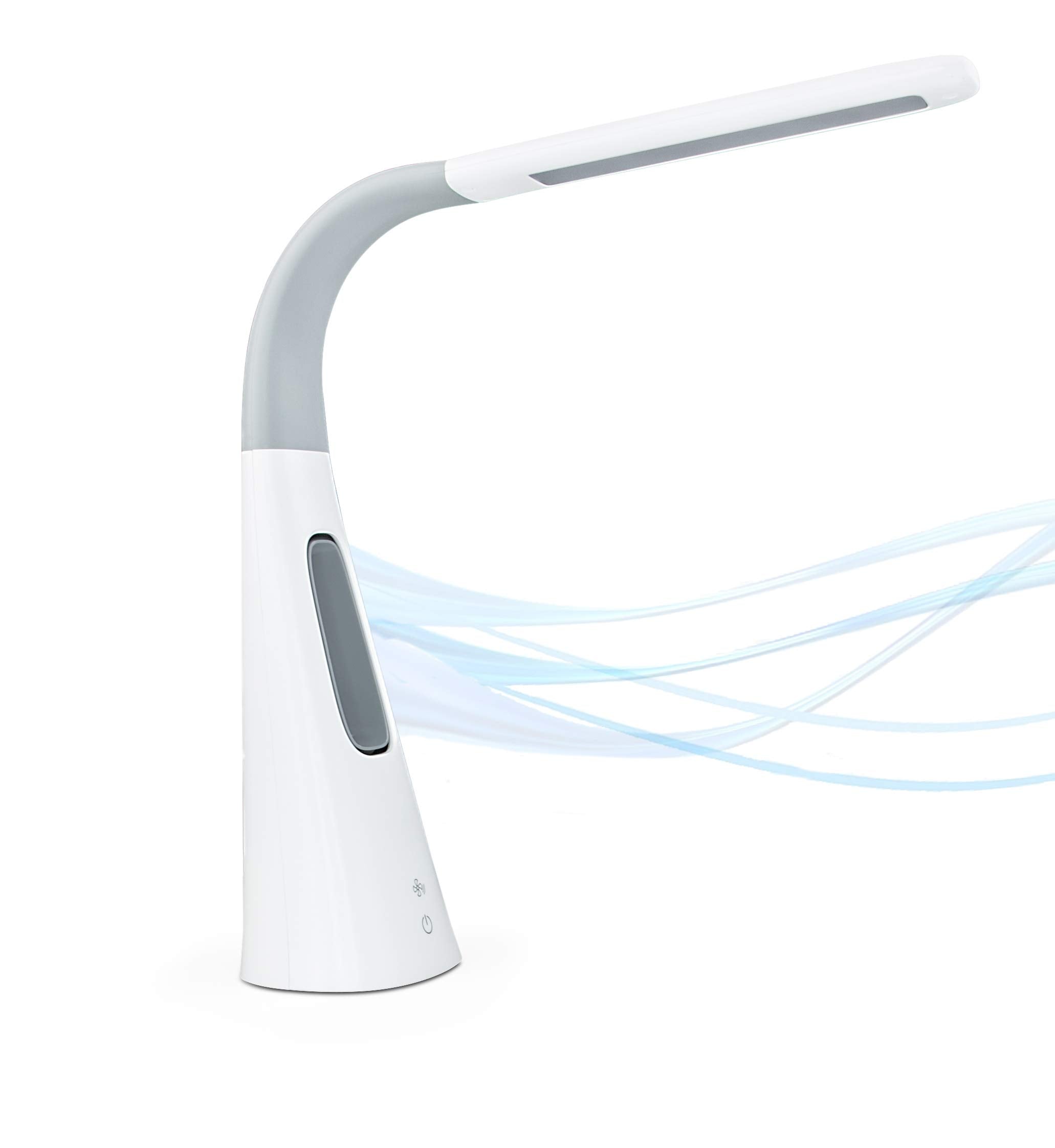 Turcom LED Desk Lamp with Fan, Dimmable Bladeless Quiet Desk Fan with Adjustable Gooseneck, Touch Control, 3 Speeds and 5 Bright