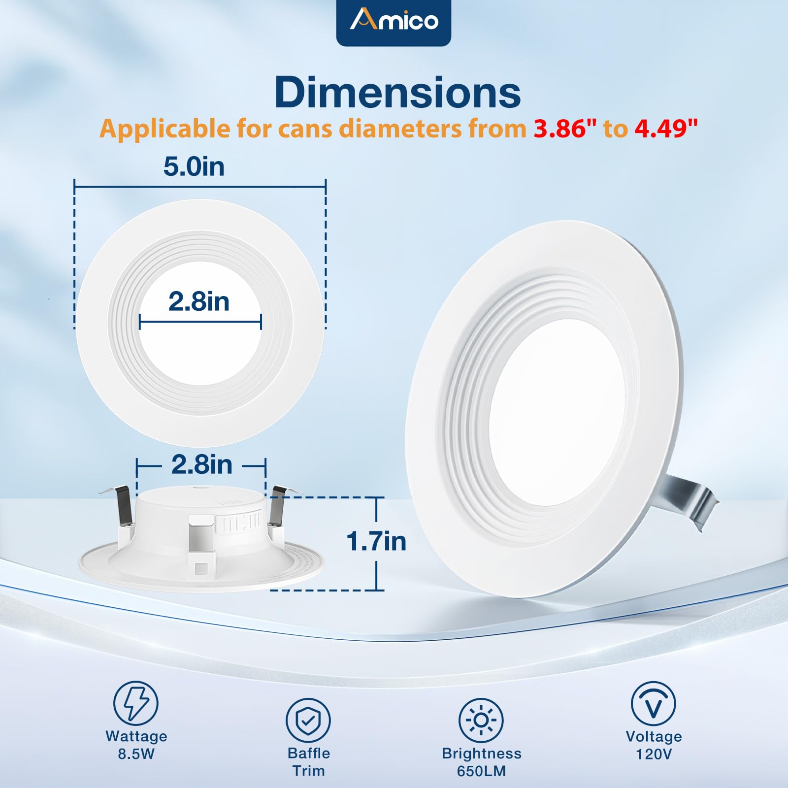 Amico 4 Inch 5CCT Dimmable LED Recessed Lighting 6 Pack, IC Rated, 8.5W, 650LM, White, Model TP120-RT