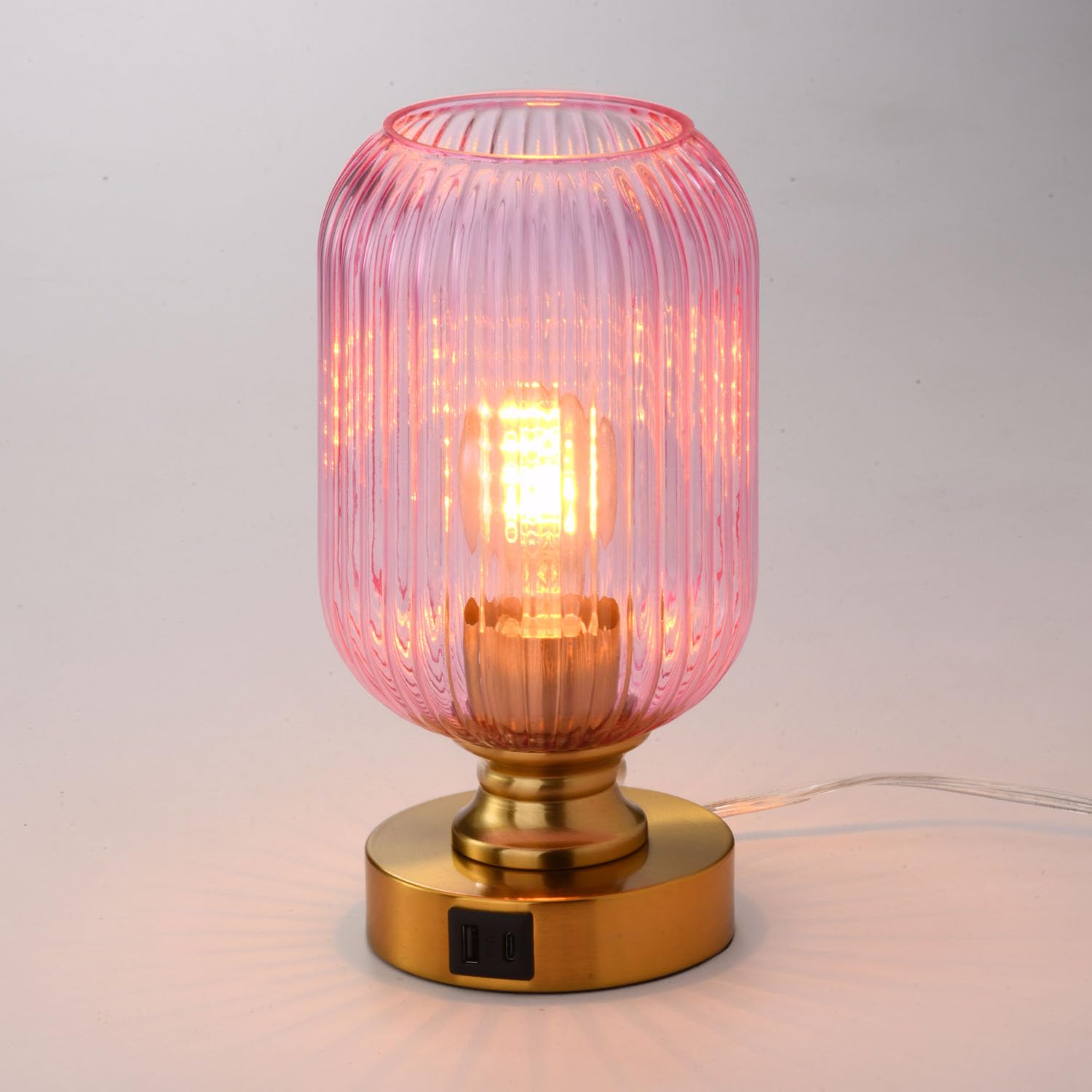 MAINDECO Mid Century Glass Table Lamp,Dimmable Desk Lamp,LED Bulb Included,Touch Control & USB A+C Port,Pink Ribbed Glass