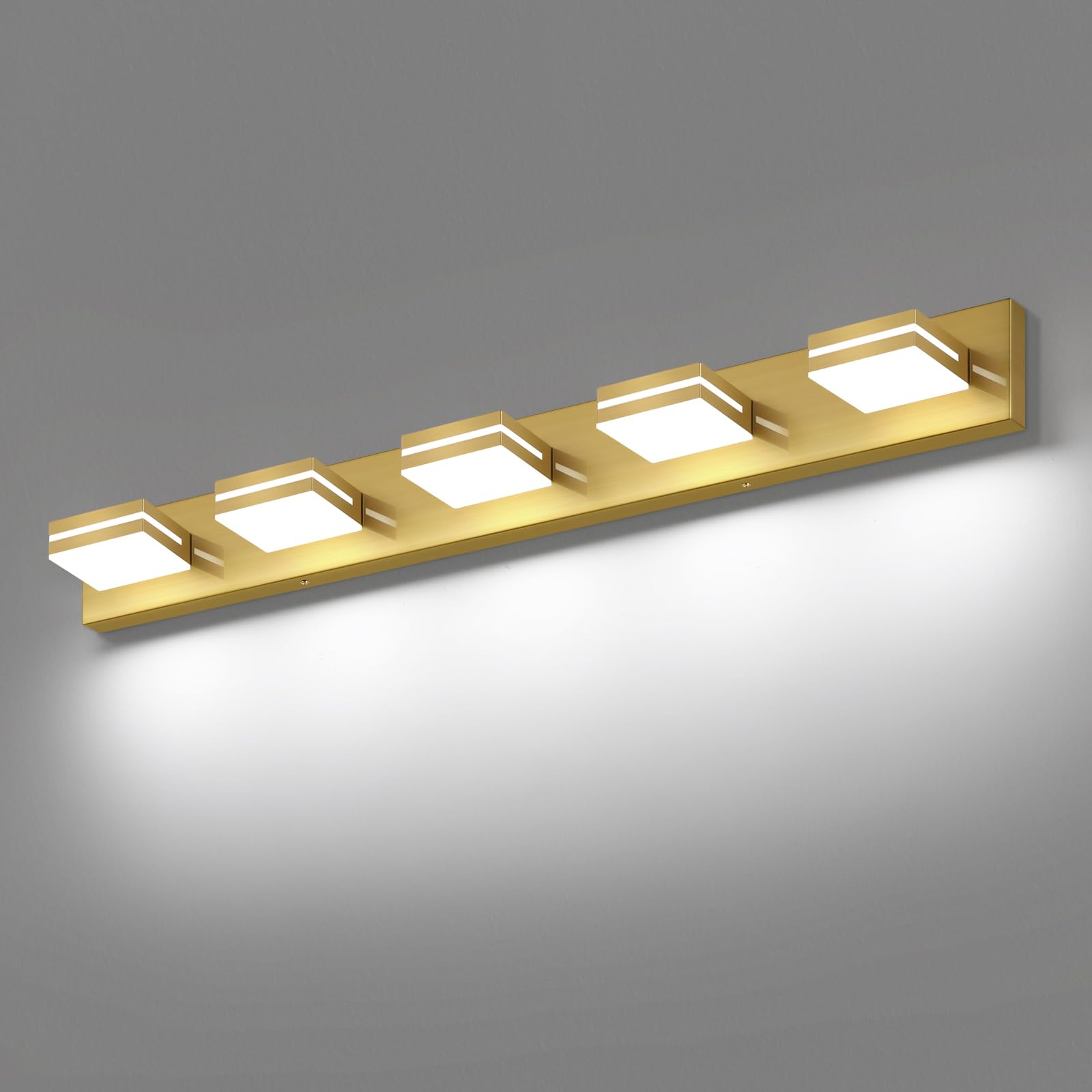 SineRise 5-Light LED Bathroom Vanity Light Fixture, 40-Inch, Brass, Cool White 6000K, Acrylic Wall Lighting Over Mirror