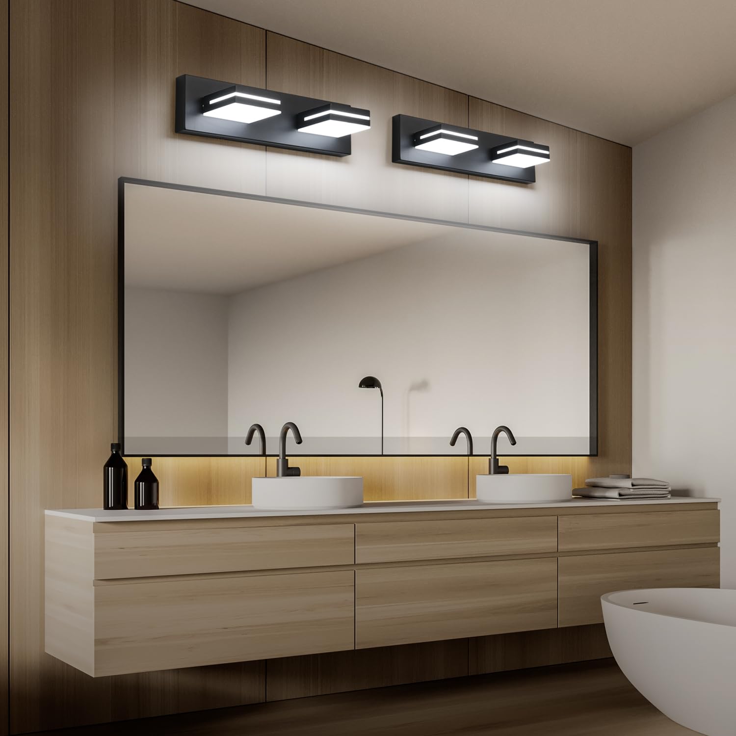 SineRise LED Bathroom Vanity Light Fixture, 2-Light Dimmable, 15.5-Inch, Matte Black, Model 9553E