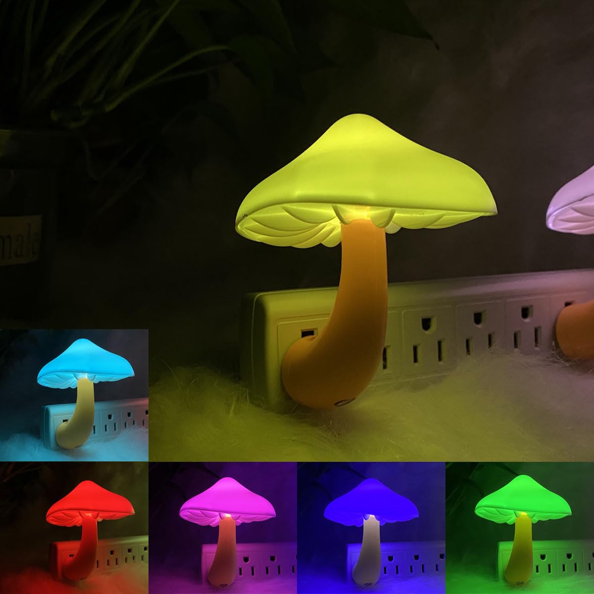 UTLK Plug-in LED Mushroom Night Light with Dusk to Dawn Sensor, 7-Color, Model NL558, Plastic, Cute Nightlamp for Kids