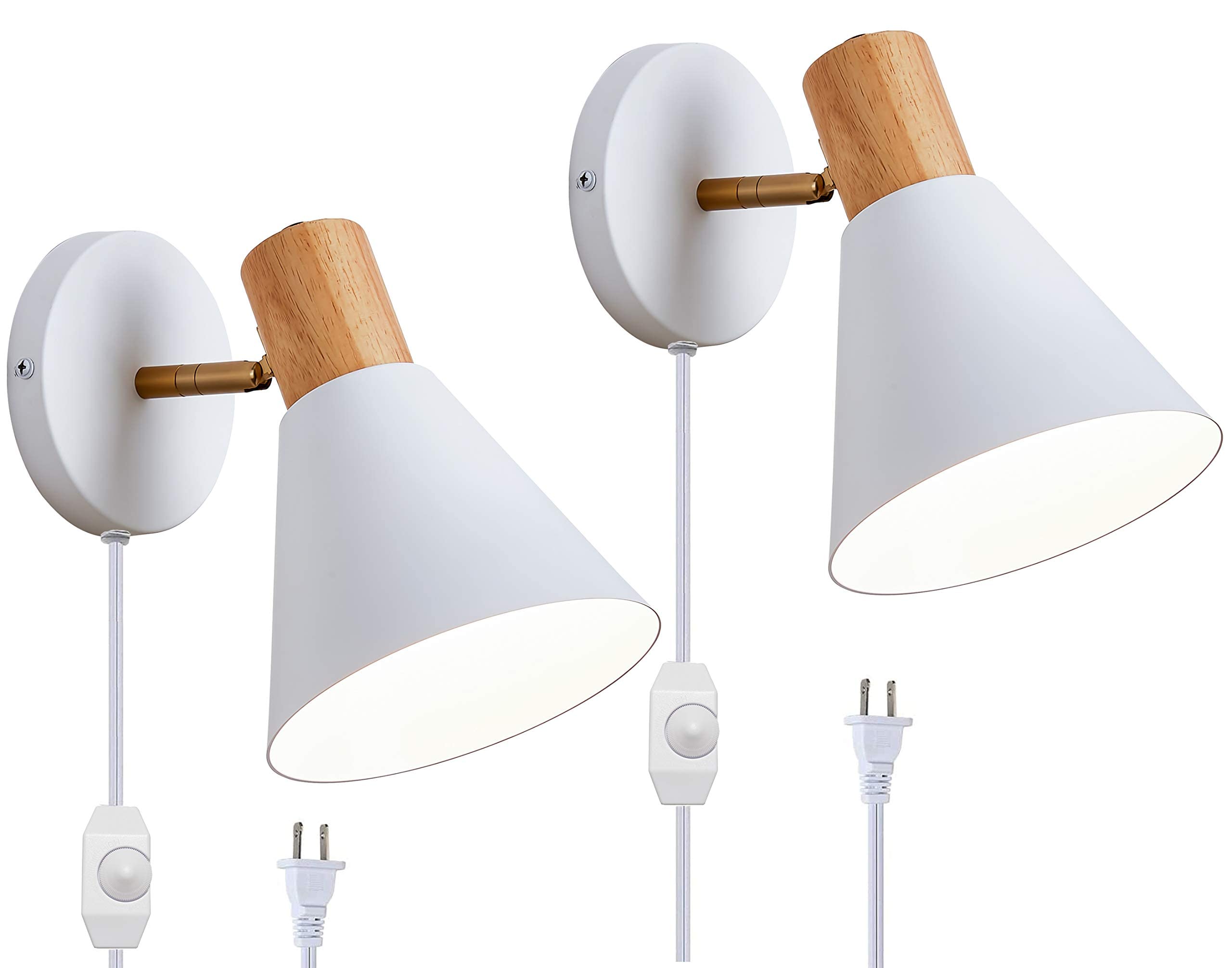 ClanKin Plug in Wall Sconces Lighting Set of 2 for Bedroom, White Dimmable Wood Style Wall Sconce Reading Lamp, Adjustable Wall 