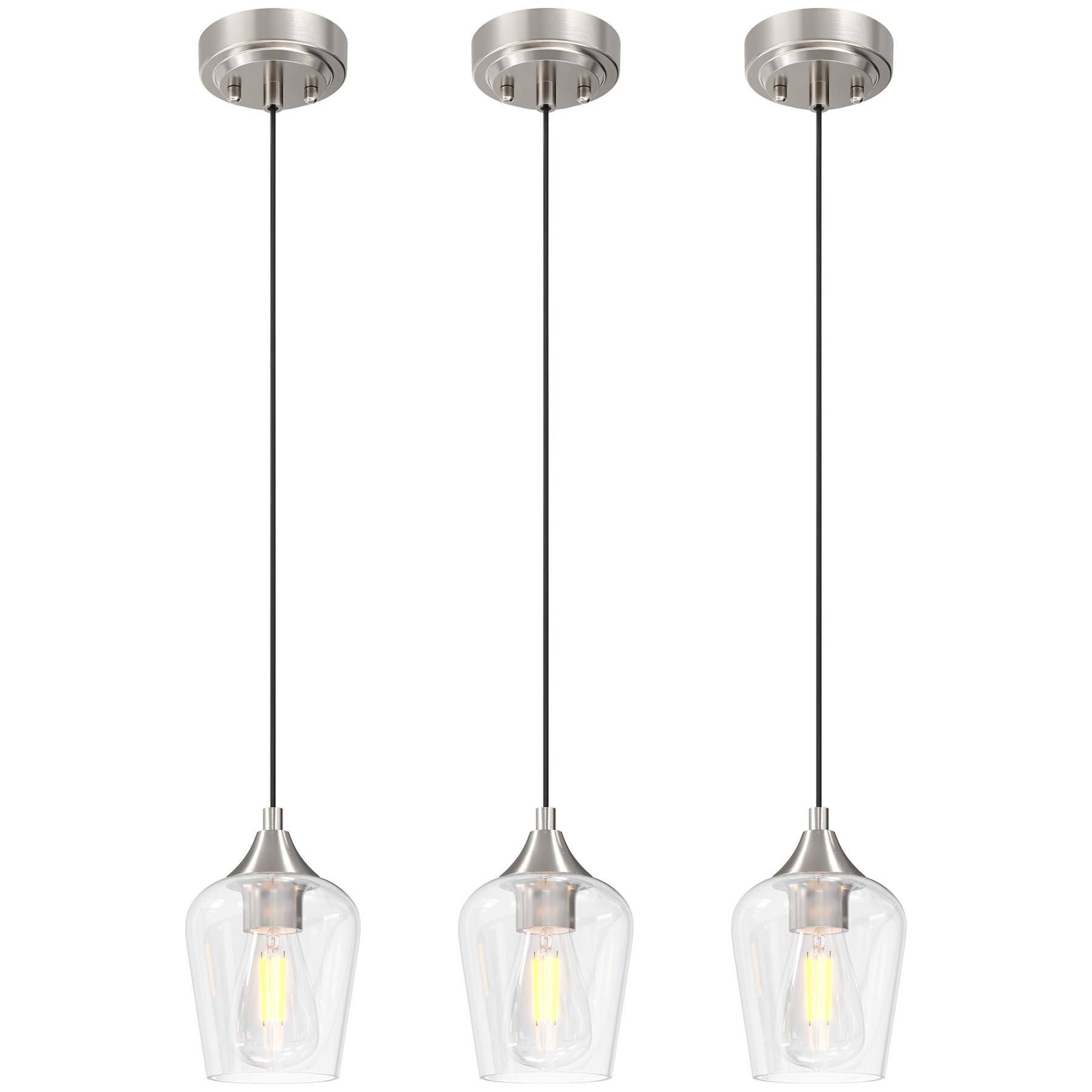 VONLUCE Pendant Lights, Modern Brushed Nickel Fixtures, E26 Base, Adjustable Cable, Glass Shade, 3 Pack