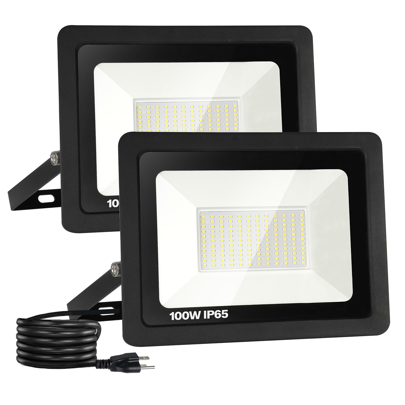 2 Pack 100W Led Flood Light Outdoor, 10000Lm Super Bright Led Work Light With 5.9Ft Plug, Ip65 Waterproof 6000K Daylight White Outside Led Flood Light With The 180°Adjustable Bracket For Garage, Yard