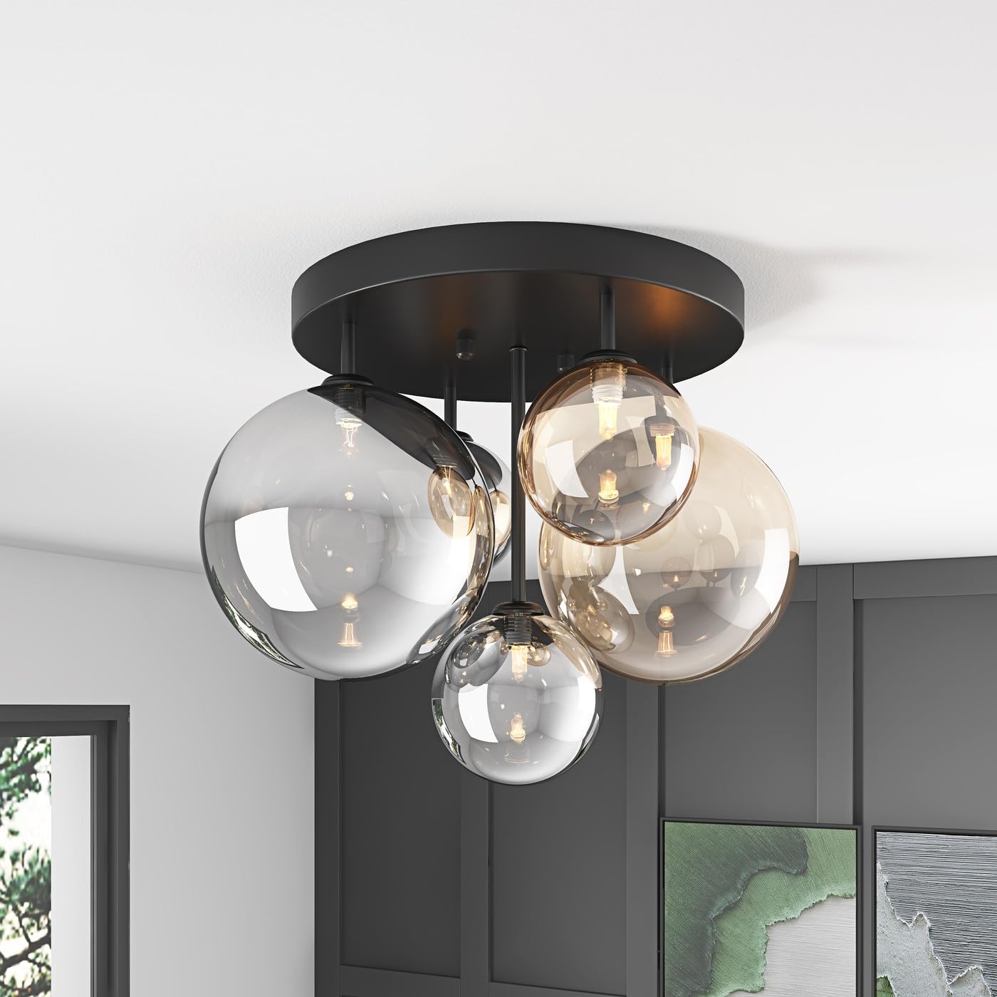 Aiwen 18 inch 5-Light Black Semi Flush Mount Ceiling Light, Modern Flush Mount Chandelier with Globe Glass Shade, Farmhouse Ceil