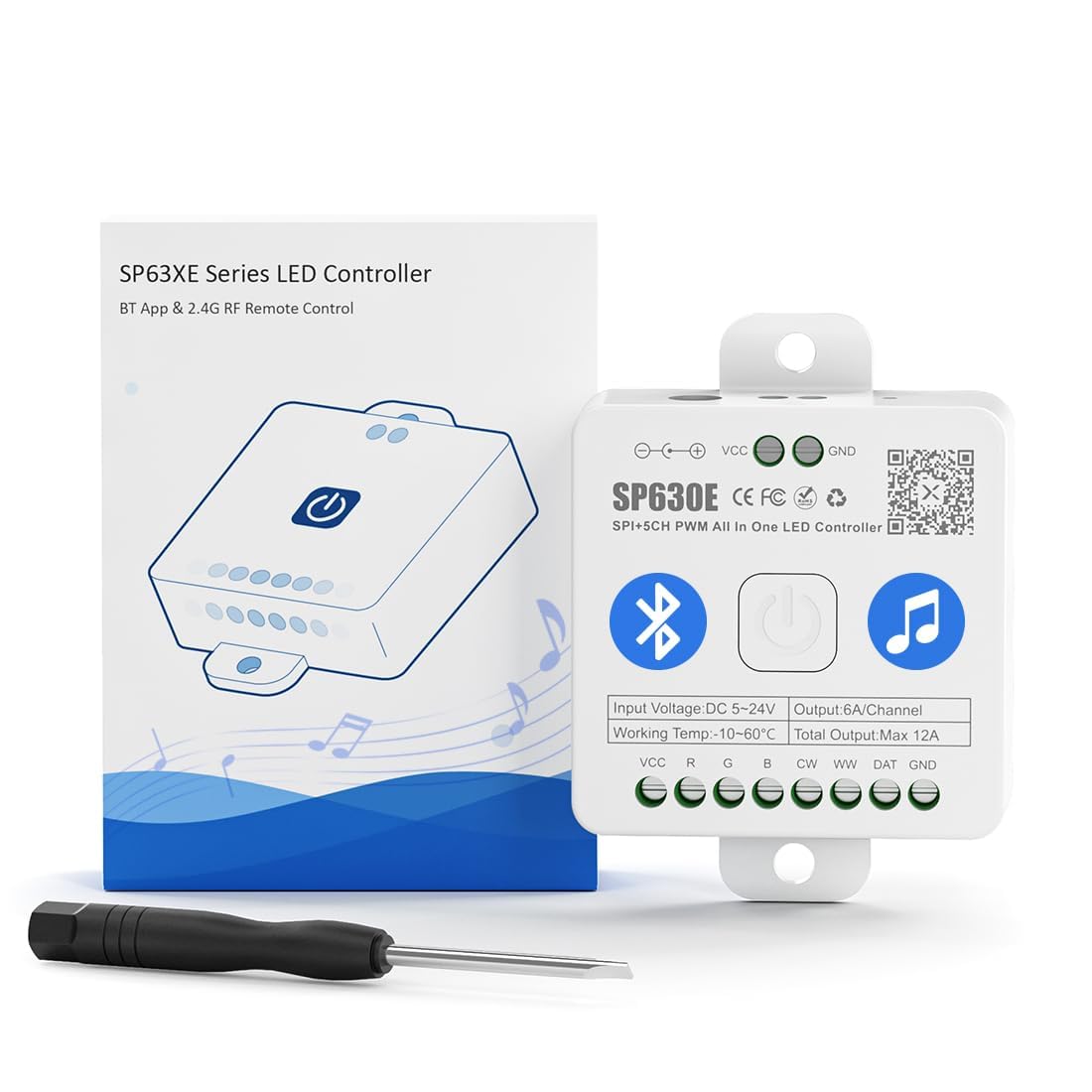 BTF-LIGHTING SP630E Bluetooth LED Controller for RGB/RGBW/Monochrome Strips, DC5V/DC12V/DC24V, White, Polyvinyl Chloride
